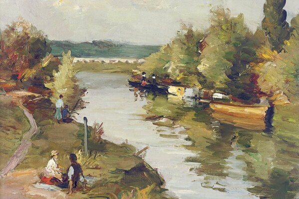 Painting river bank in summer