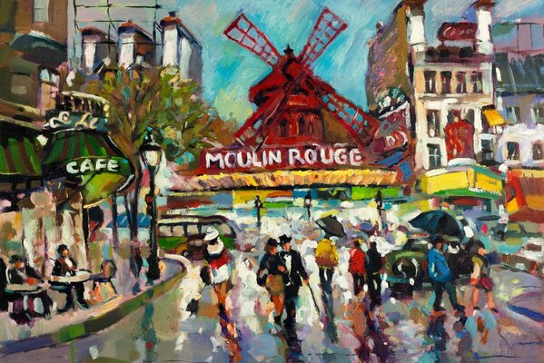 France. The Moulin Rouge cabaret and the square with people. Painting.