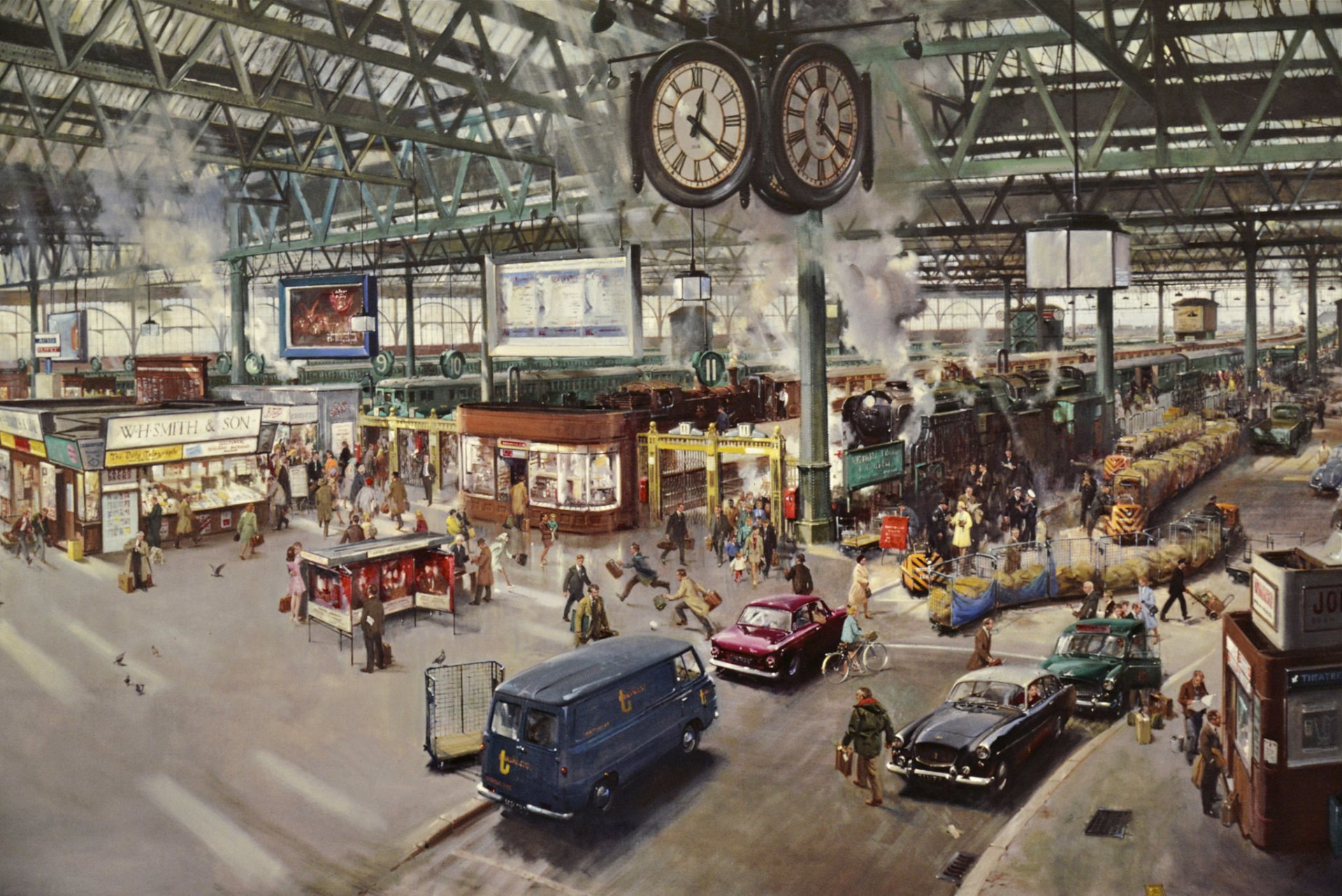 gare trains fumée personnes horloge ville peinture terence cuneo 1967