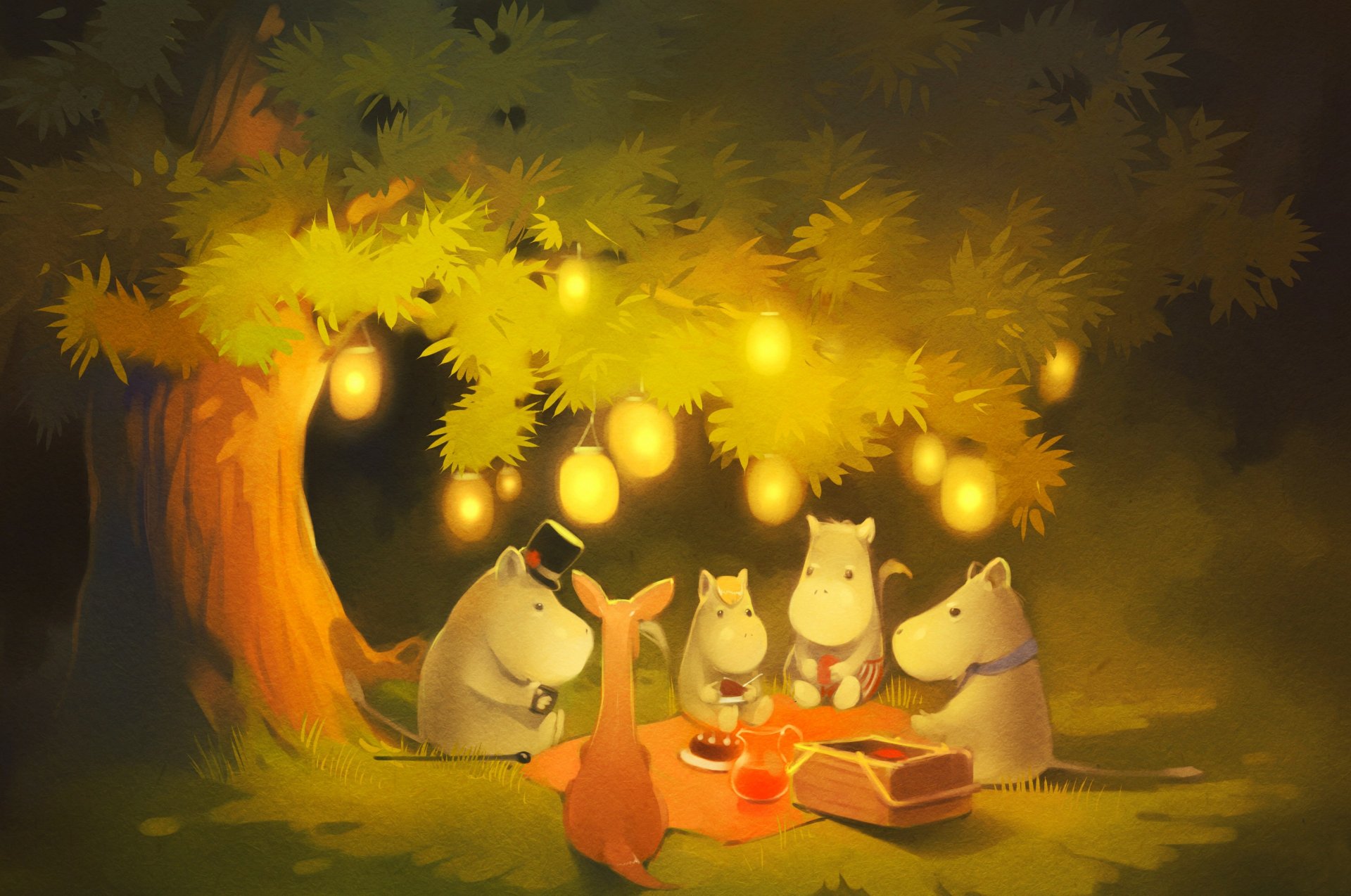 foresta sera albero luci luci moomin