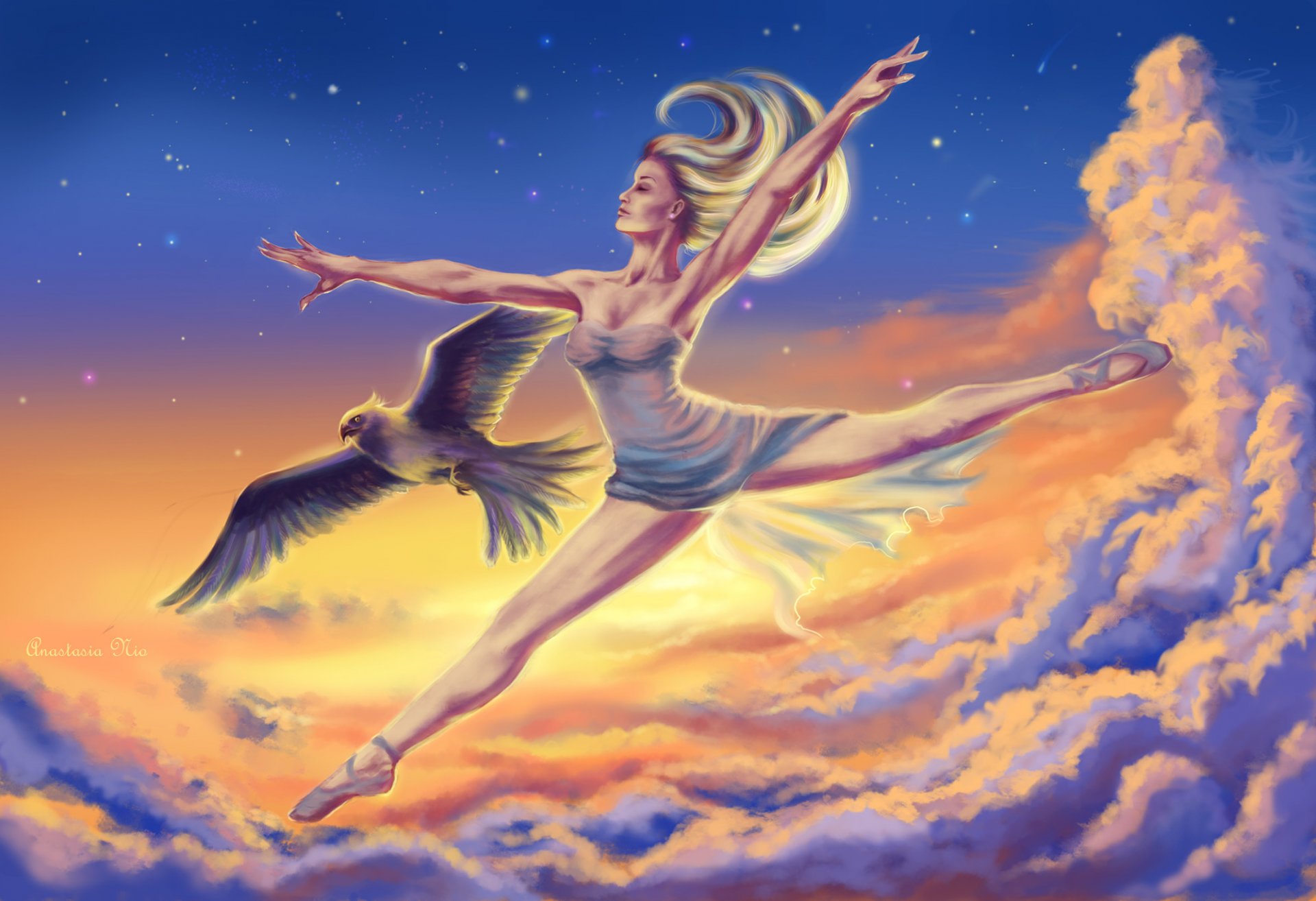 art girl ballerina section hair poultry sky cloud