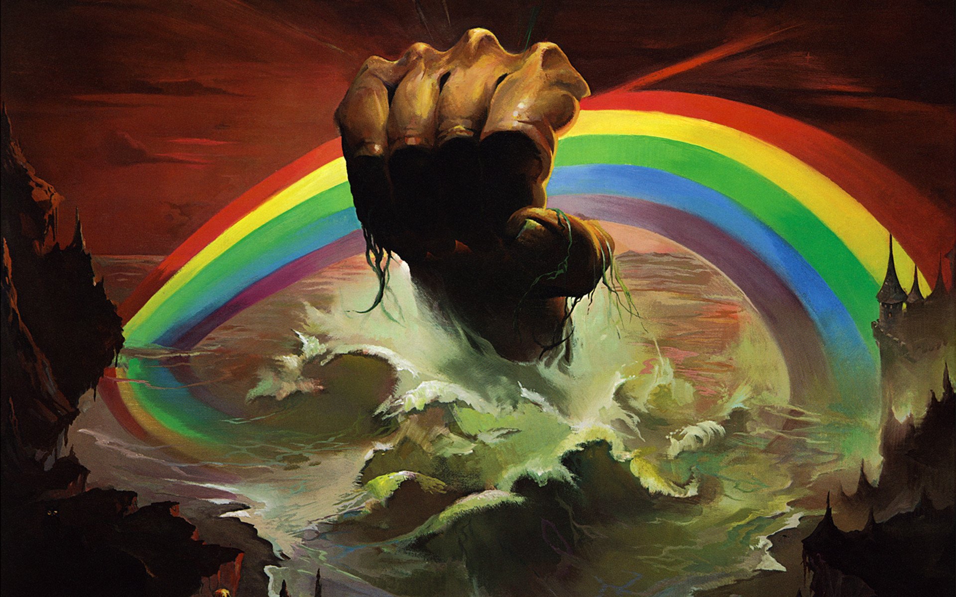 rainbow rise hard rock heavy metal 1976 richard hugh ritchie blackmore ronnie ronald james dio padavona art castle handmade sea wave rock mountain ken kelly sowa art rysunek padavona blackmore reinb