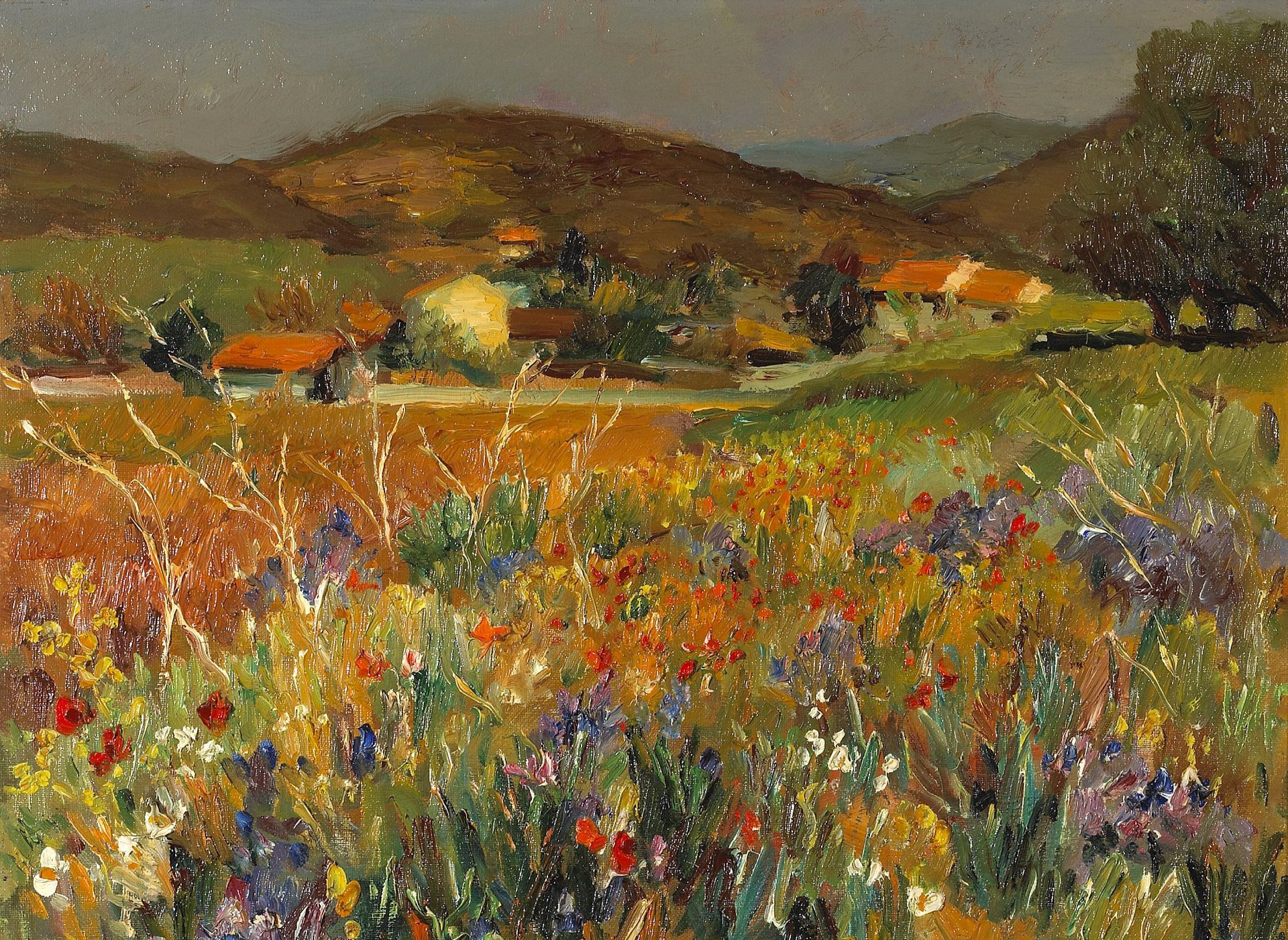 marcel dief blumenfeld in der provence gemälde landschaft berge wiese bäume häuser