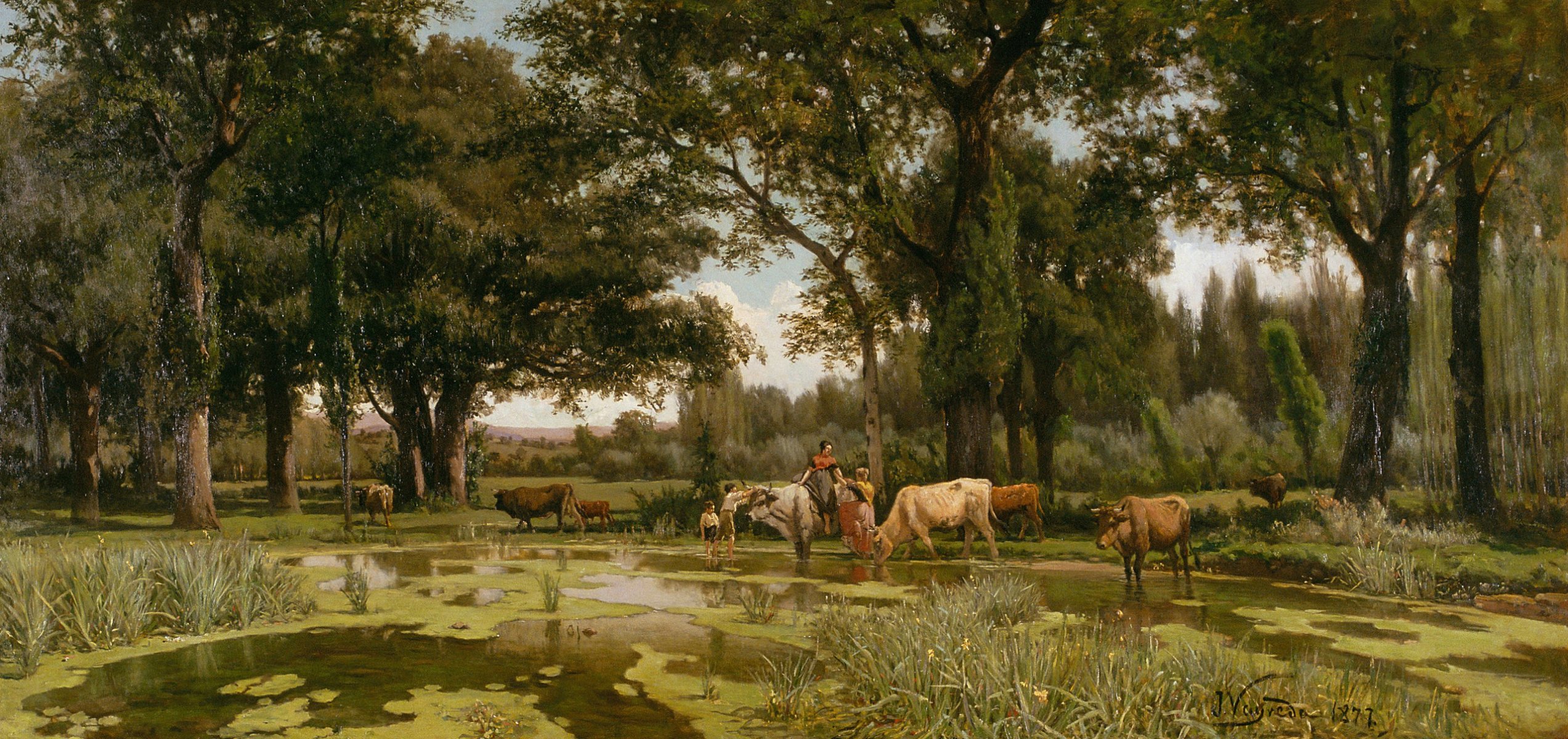 joaquim vayreda summer bloom pattern landscape cow children tree pond