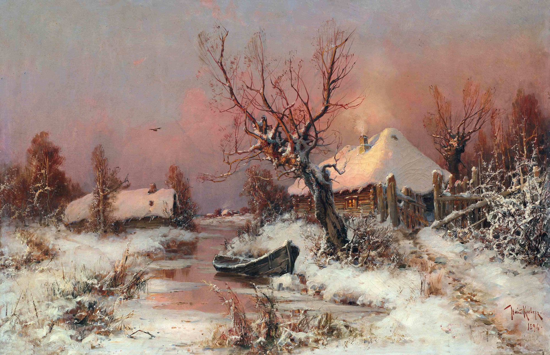 julius julievich clover paesaggio invernale con fiume inverno barca villaggio neve casa capanna cielo luce albero fiume recinzione uccello