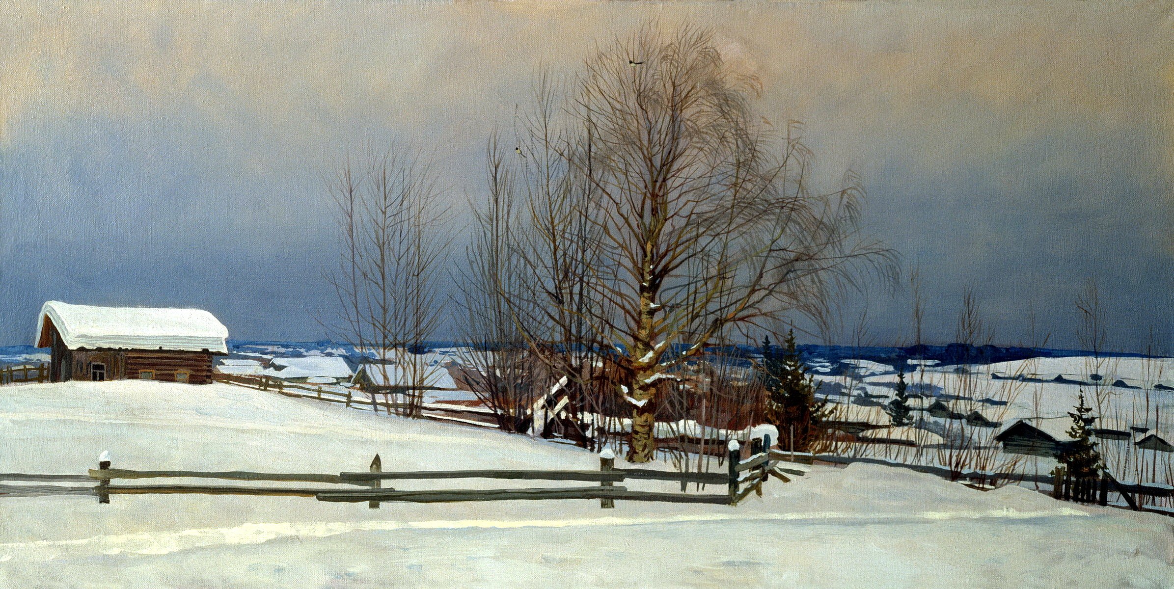 pittura anokhin murale di febbraio pittura paesaggio neve recinzione capanna alberi cielo