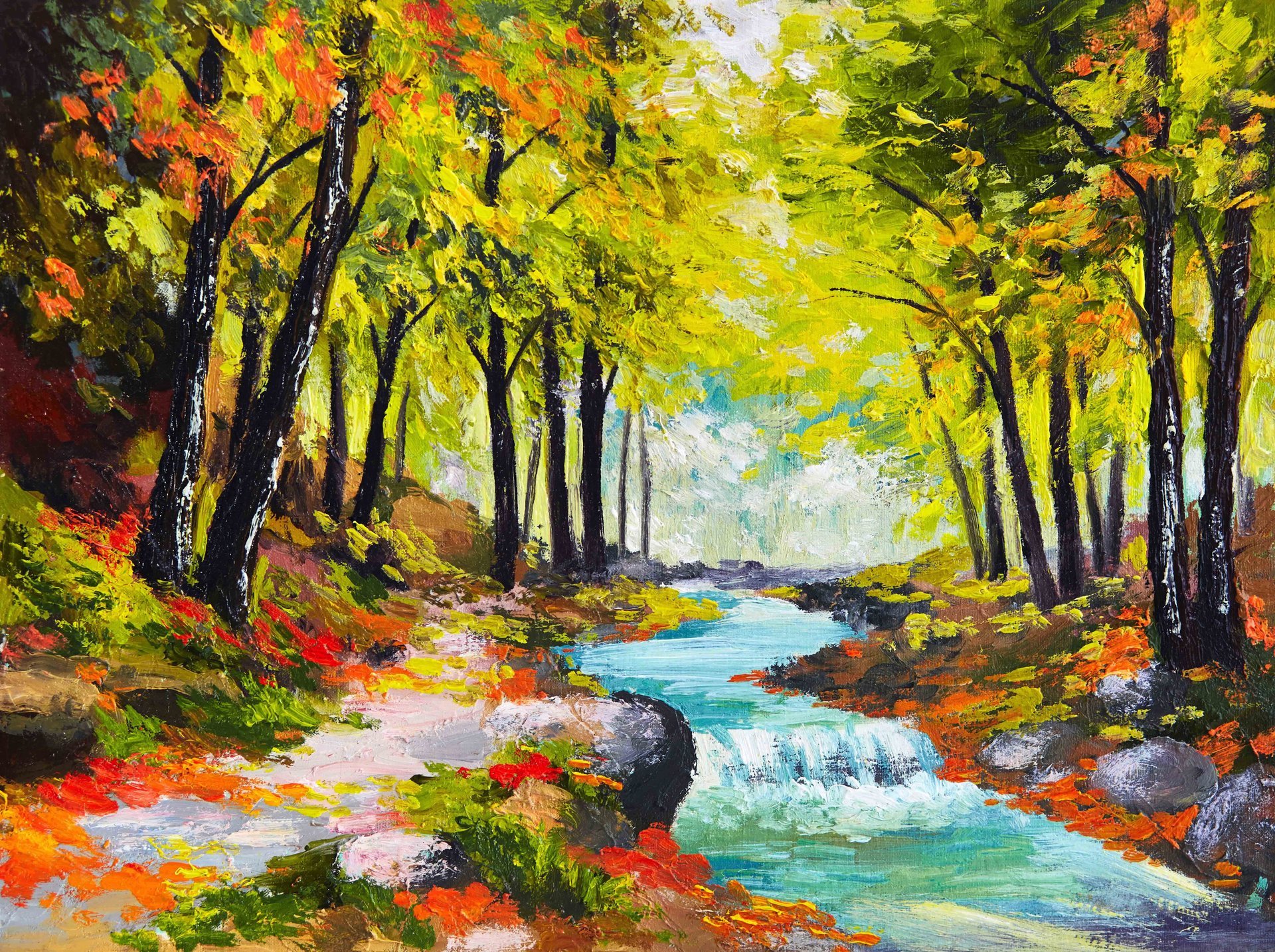 arte pintura imagen estaciones río otoño bosque multicolor pintura naturaleza pinceladas óleo sobre lienzo