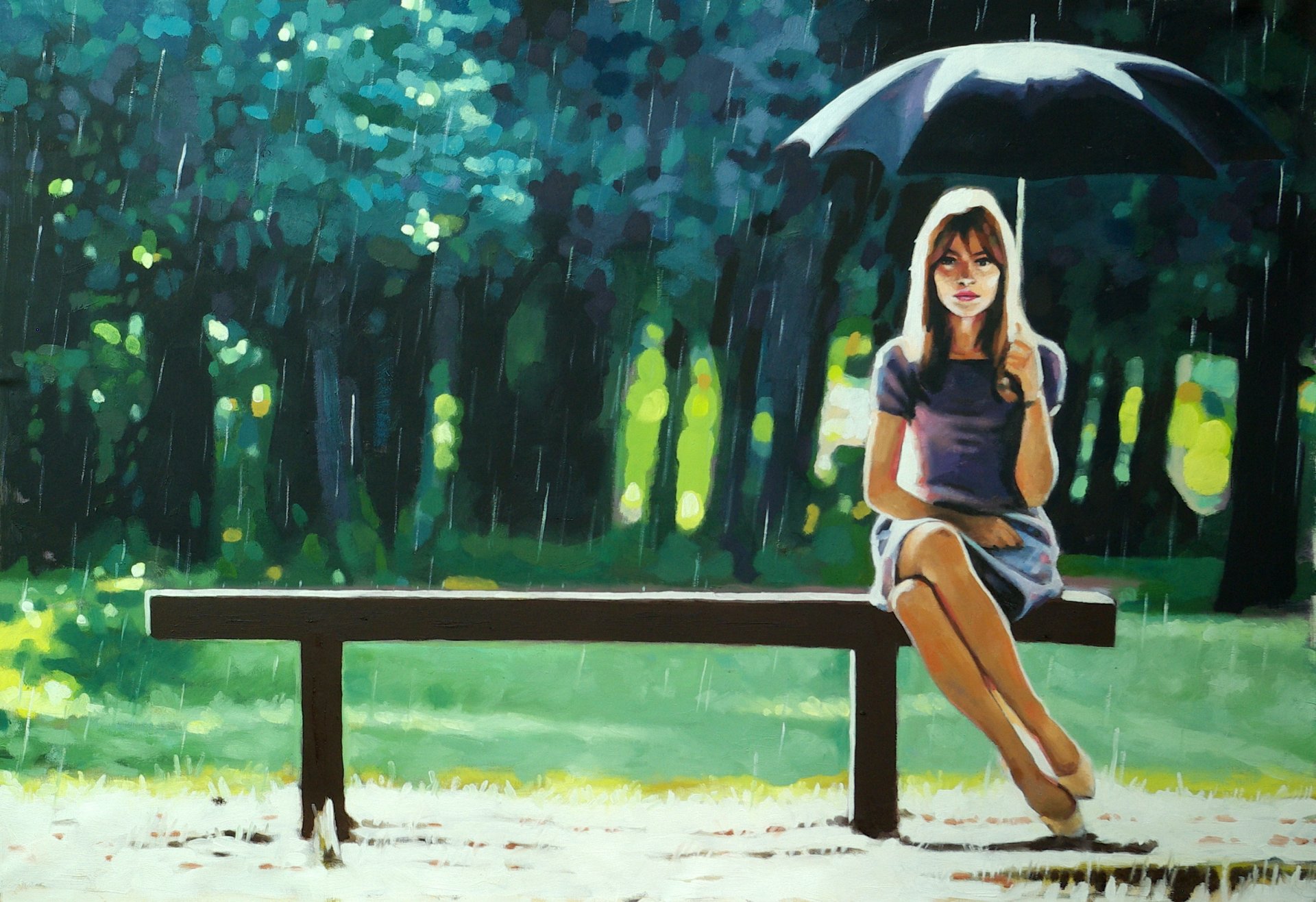 thomas saliot right as rain rain girl umbrella bench park tree green mood