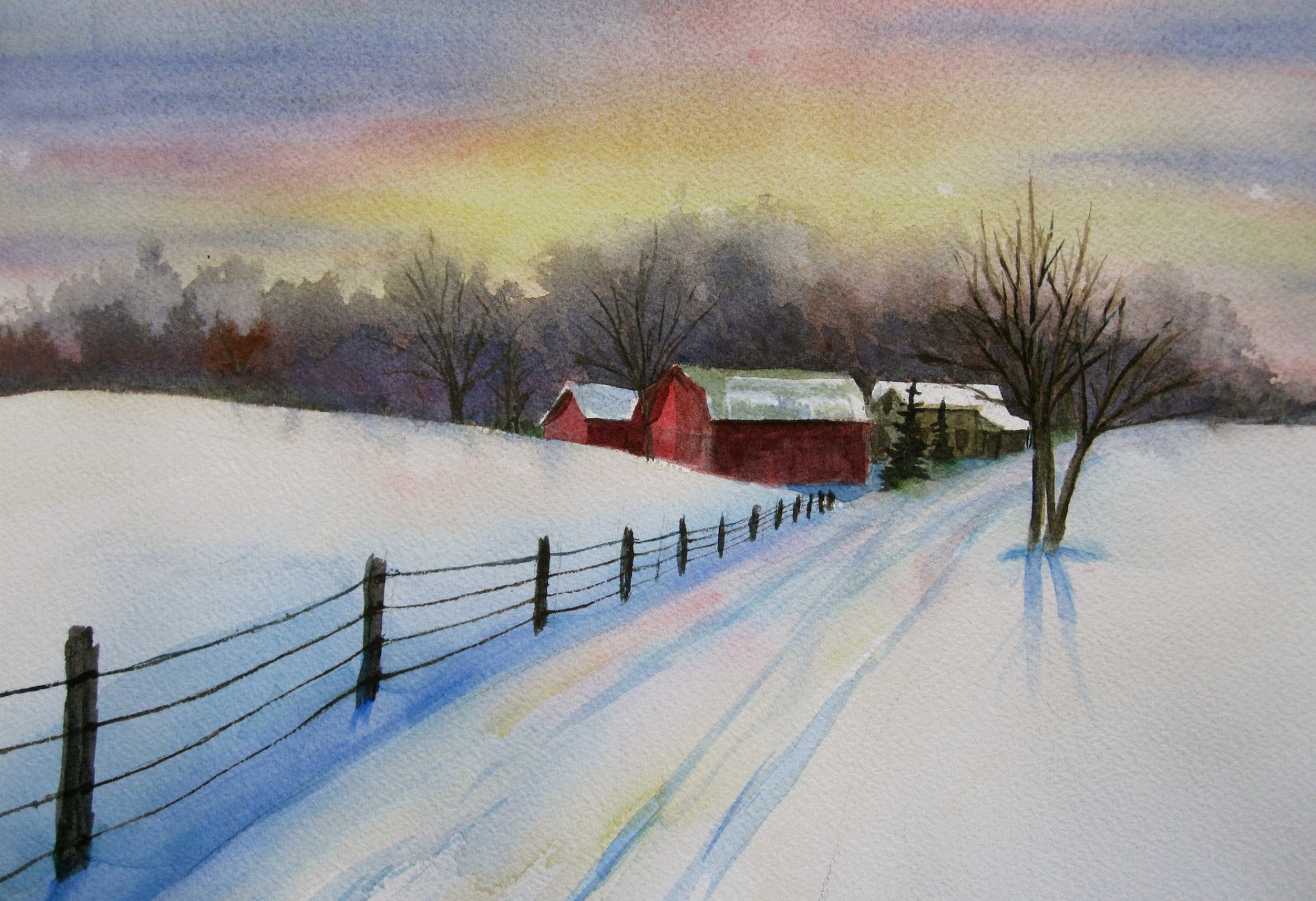 pattern landscape watercolor sky winter house tree fence snow