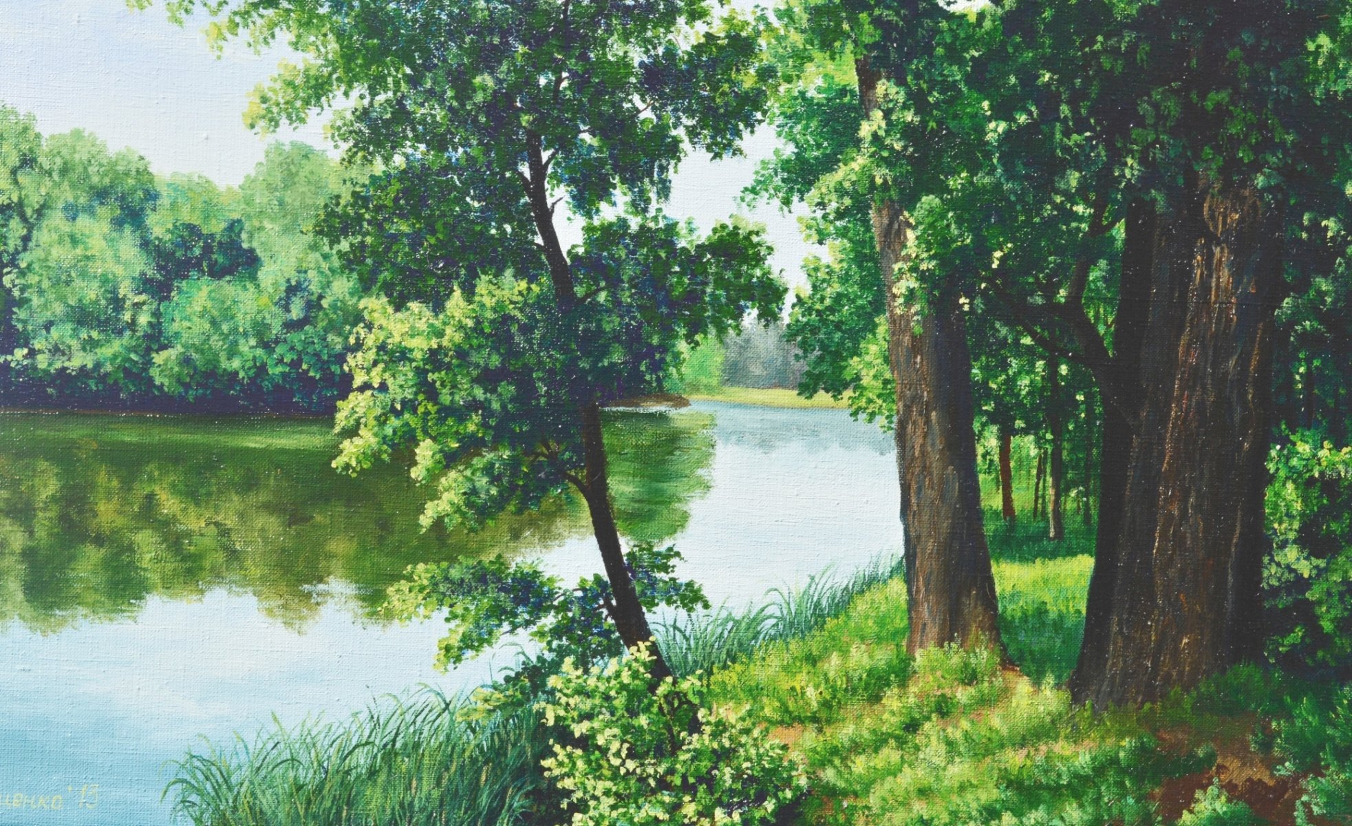 pittura lutsenko fresco pittura estate alberi foresta lago acqua canne erba riflessione