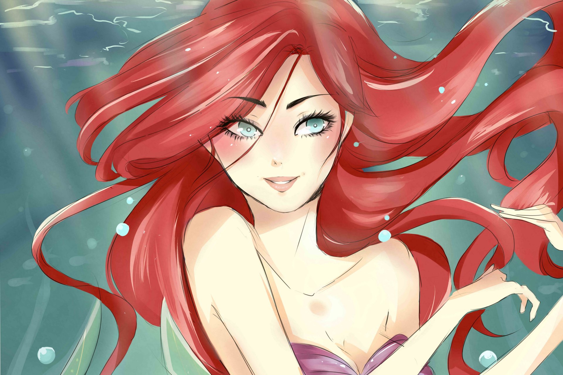 art painting mermaid ariel red hair eyes view hand