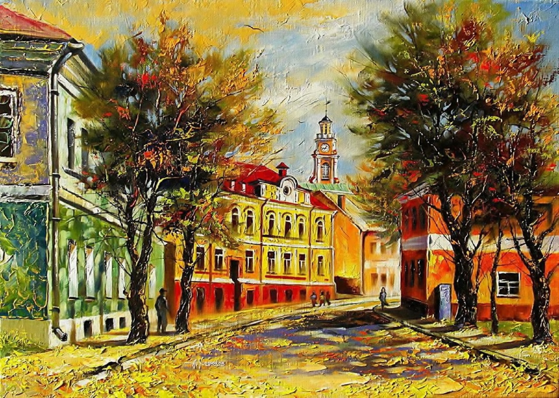 peinture khodyukov peinture ville rue automne bâtiments maisons fenêtres personnes figures clocher horloge