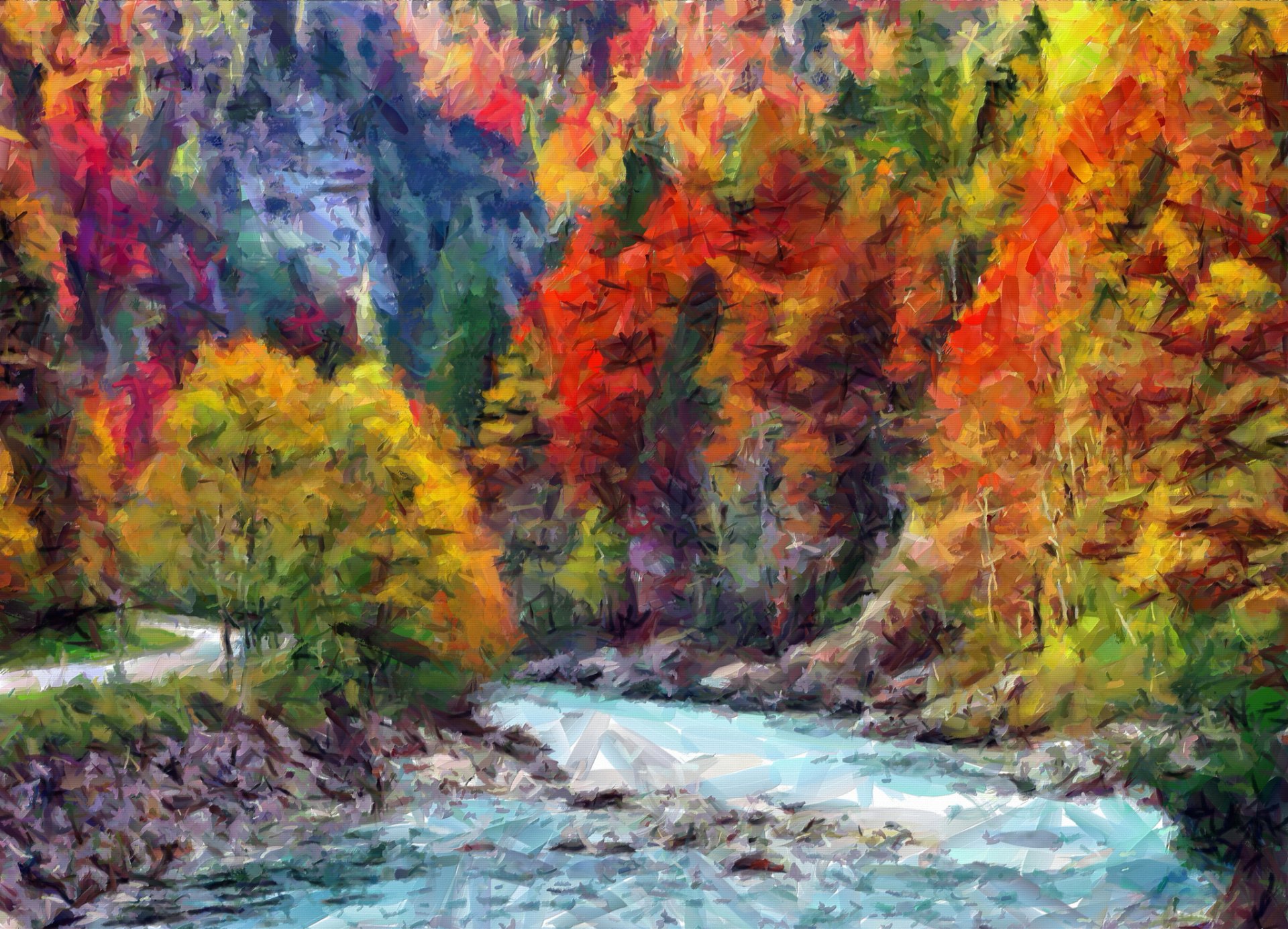 pittura tela paesaggio montagna foresta autunno fiume strada