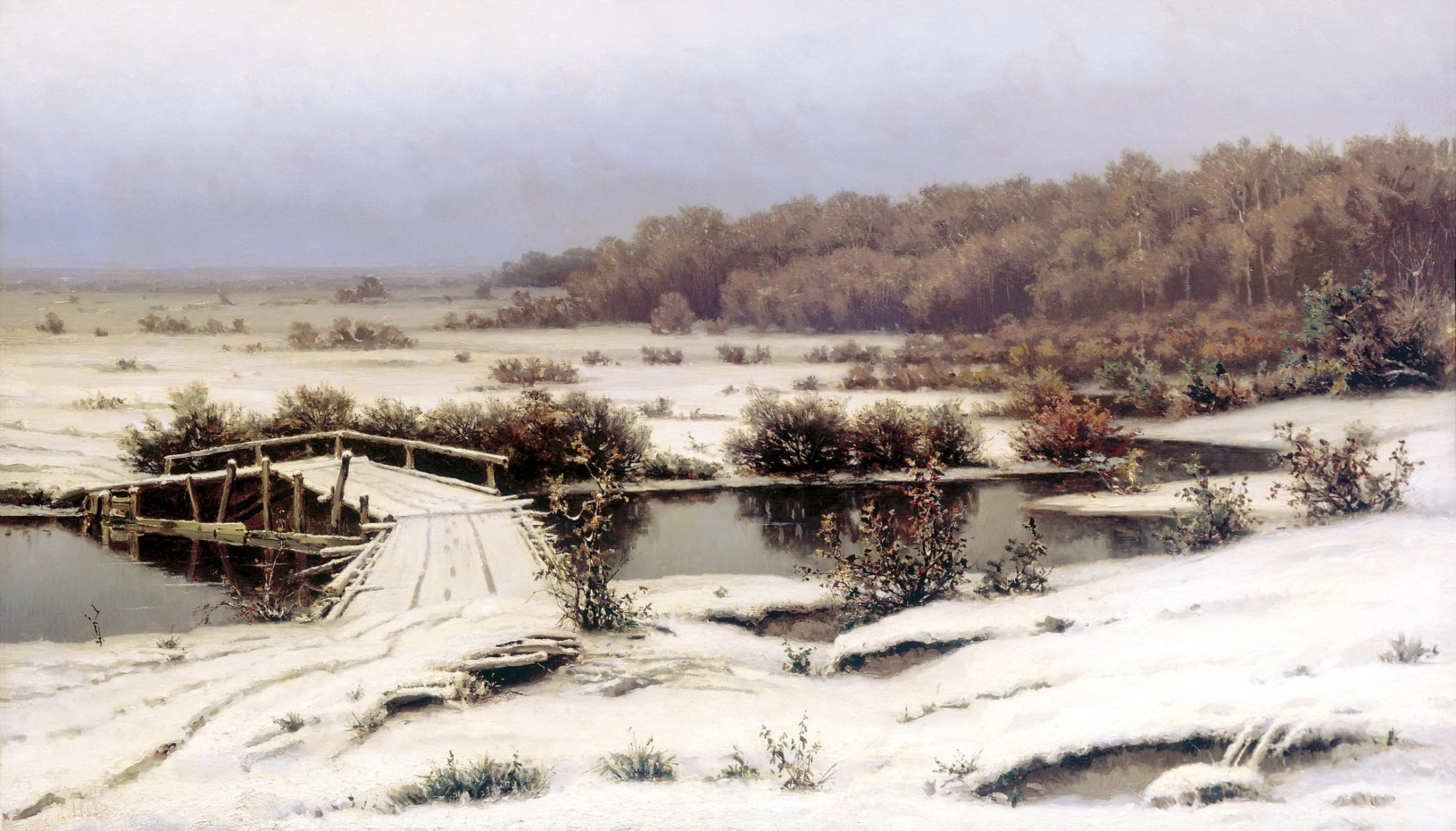 malerei wölfe erster schnee malerei leinwand landschaft kälte brücke fluss wald bäume büsche wasser ufer himmel