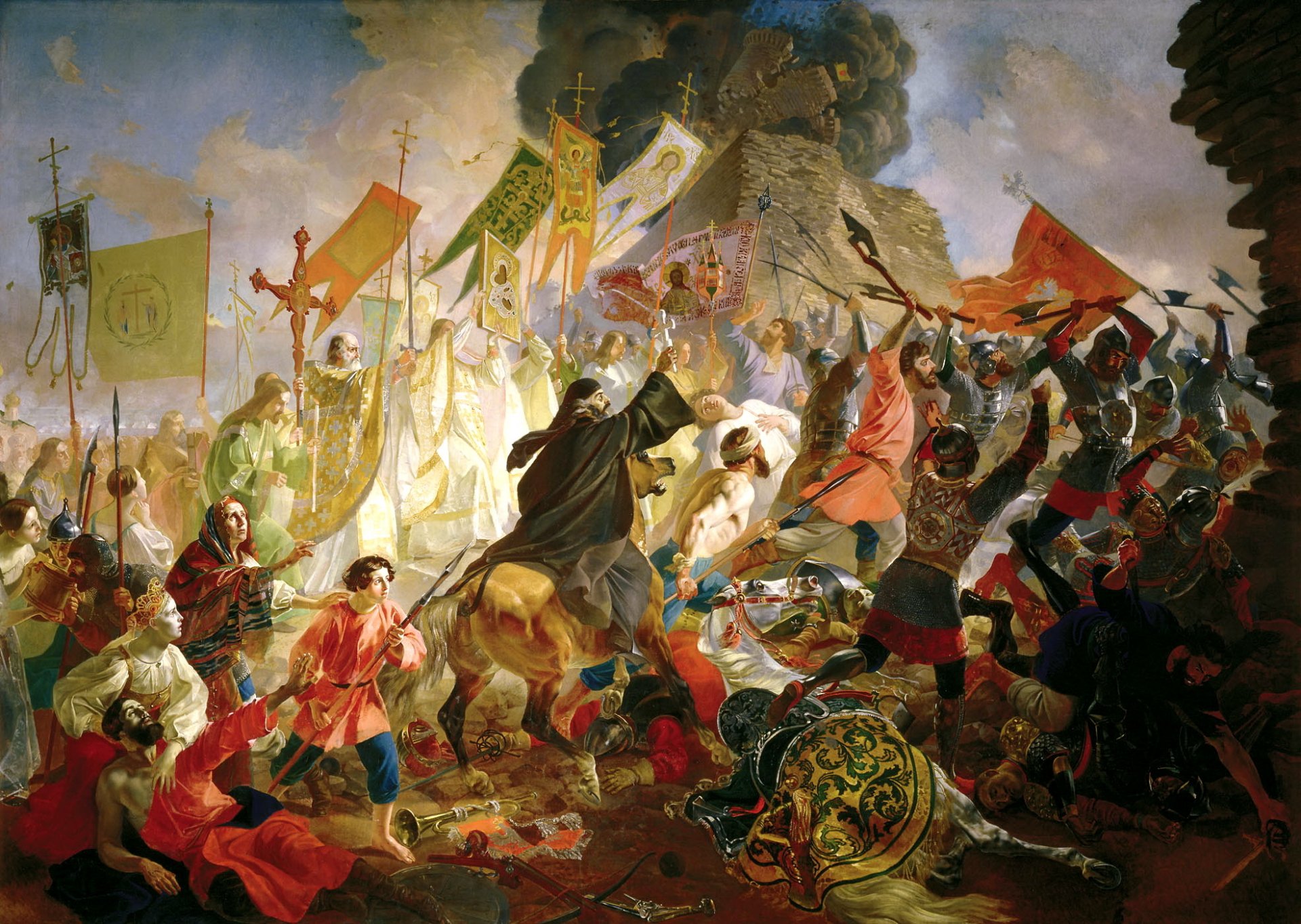 malerei brüll karl belagerung von pskov durch den polnischen könig stefan batory 1581 situation schlacht truppen menschen fahnen banner festung