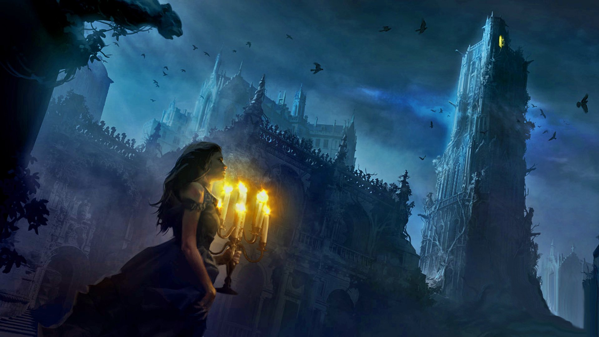 girl dress candles castle birds twilight