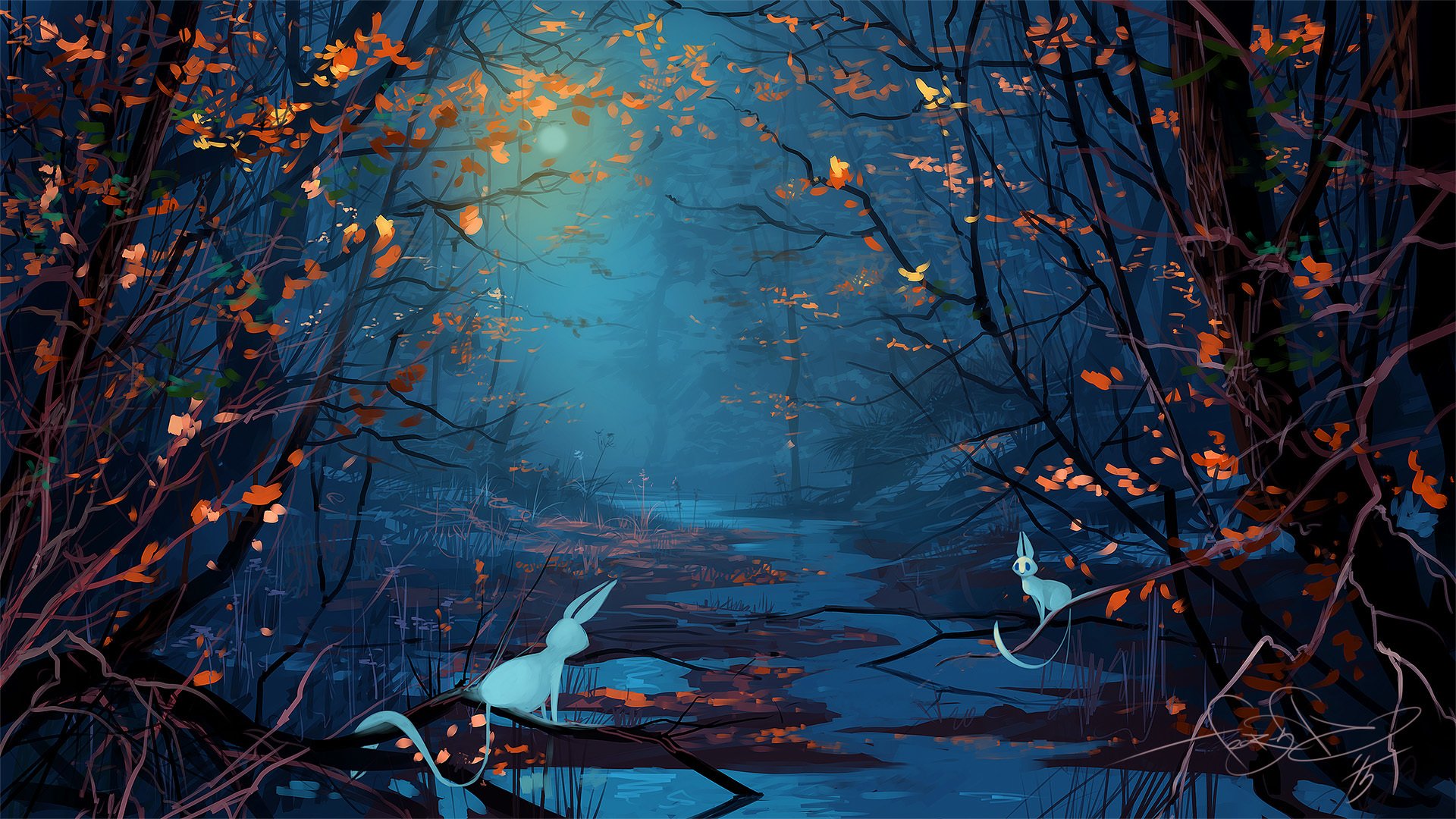 fantasy forest tree animals night moon art