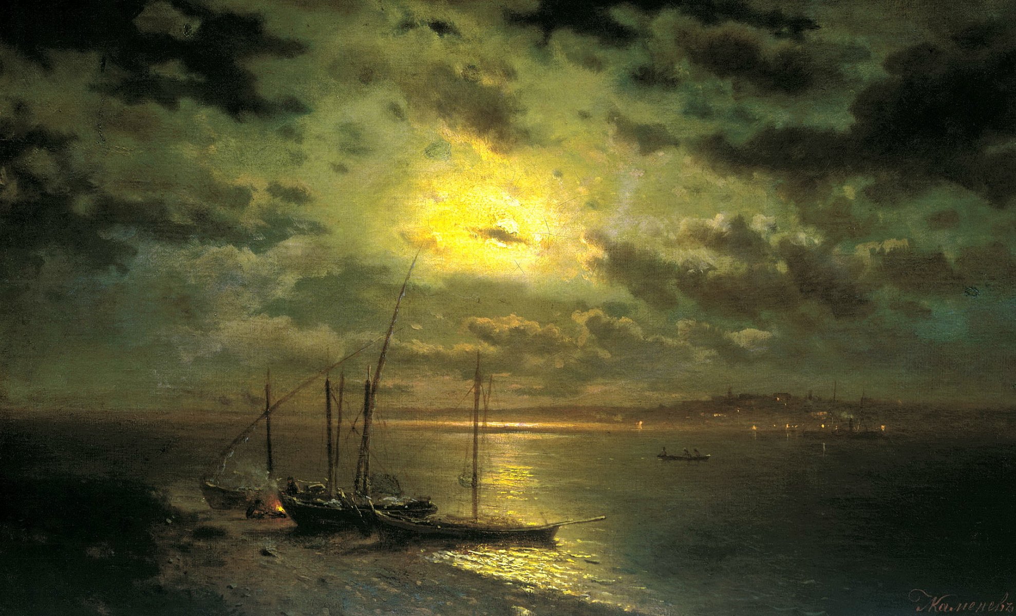 pintura kamenev noche de luna en el río pintura costa barcos agua cielo nubes