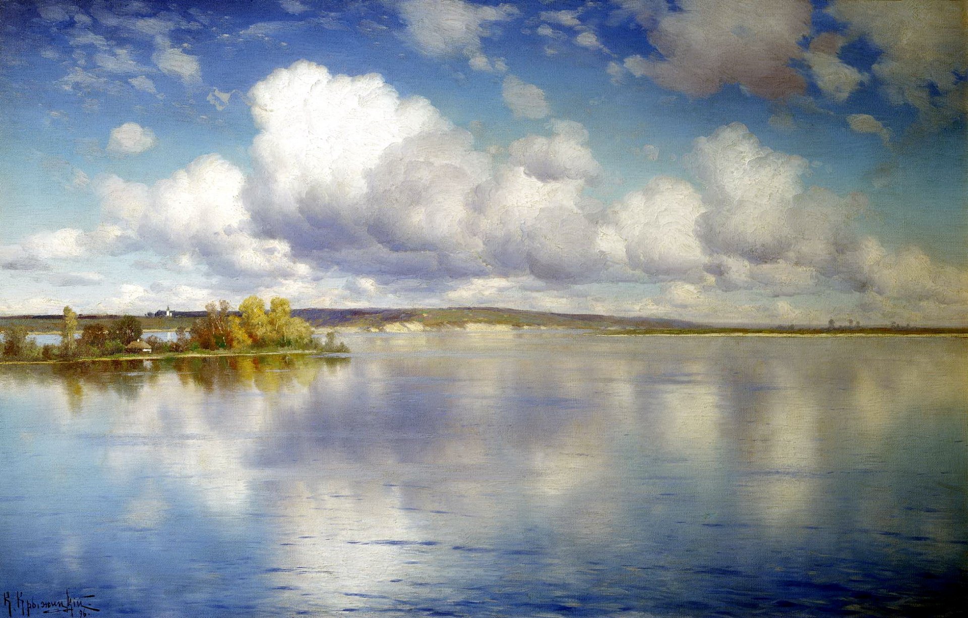 painting kryzhitsky lake pattern landscape water beach tree sky clouds reflection