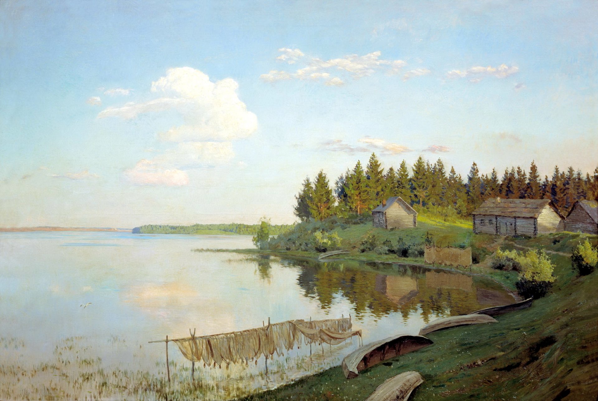 malerei levitan isaac am see landschaft natur wasser ufer boote netze himmel