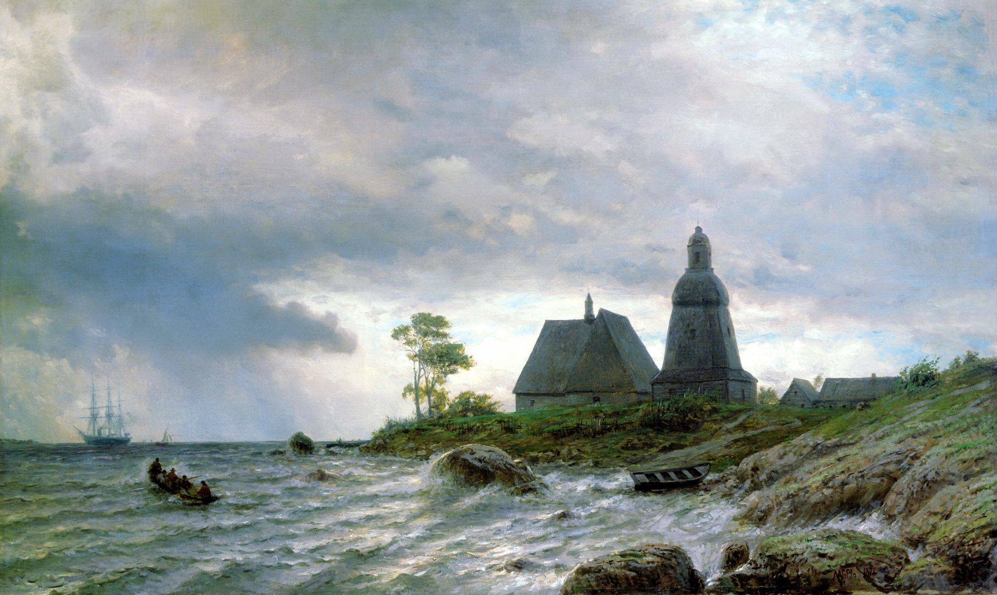 painting lagorio lev northern landscape pattern nature sea waves boat people water beach sailboats stones house