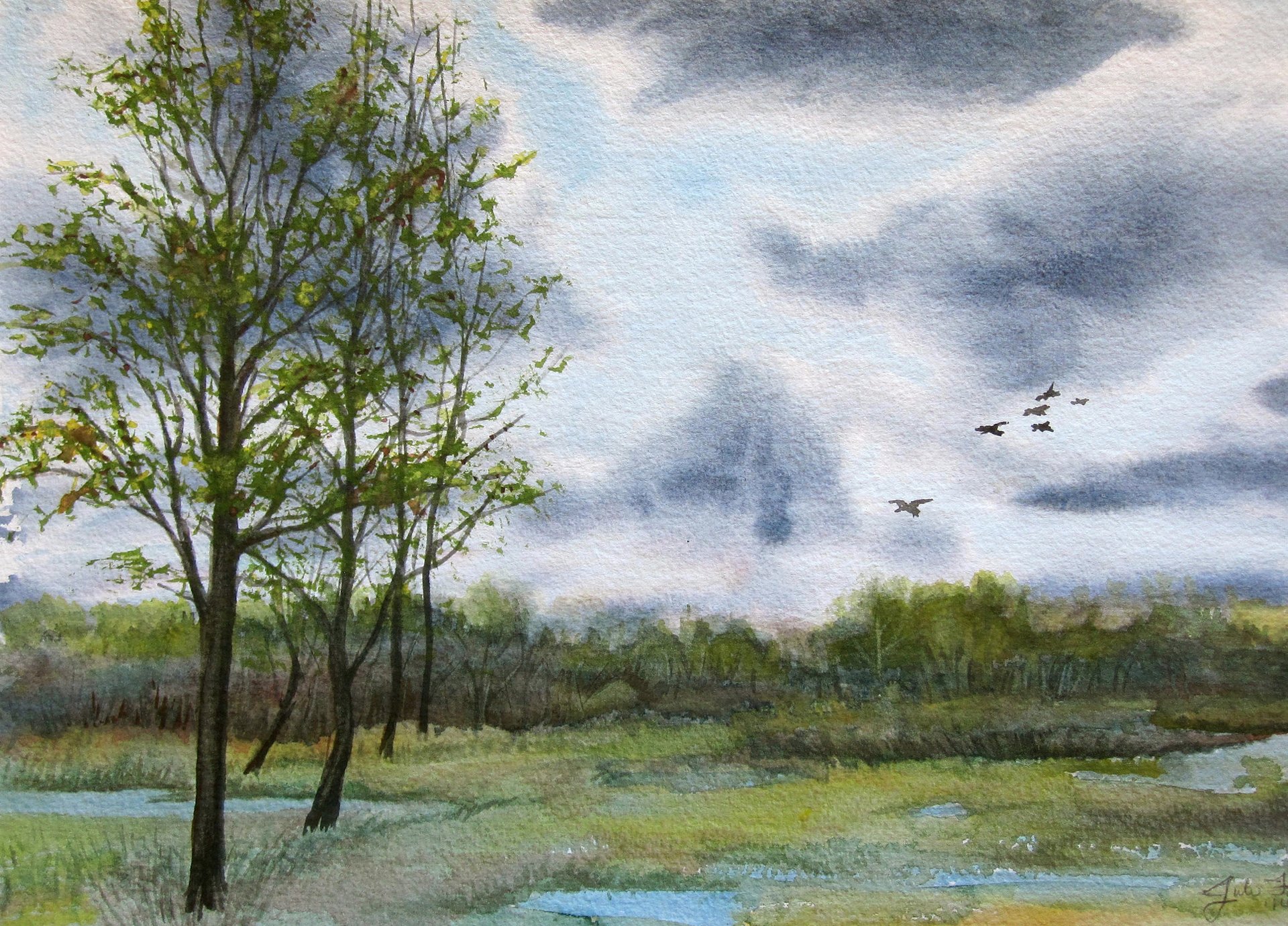 peinture paysage toile ciel nuages oiseaux arbres