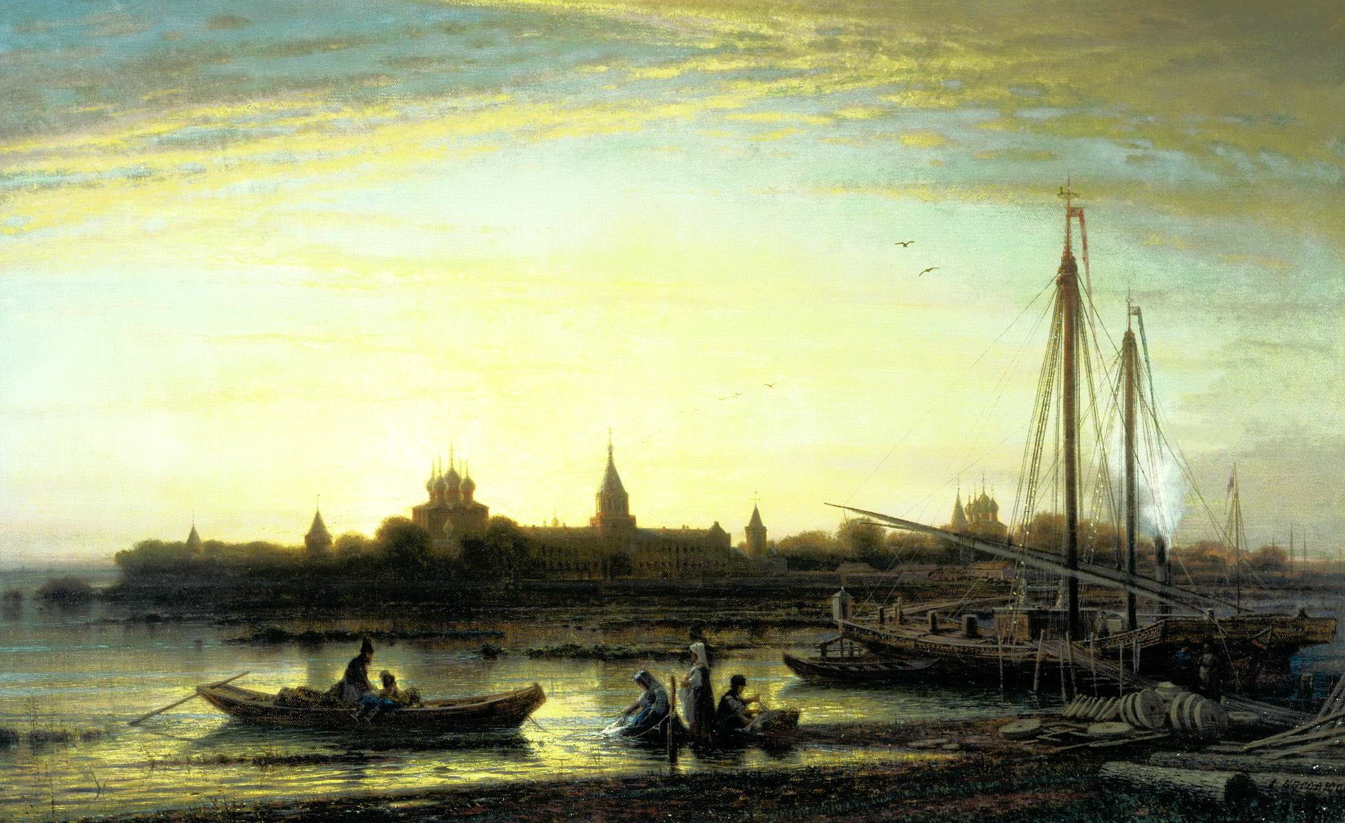 peinture bogolyubov monastère d ipatiev peinture kostroma rivière eau personnes bateau aube coucher de soleil dessin