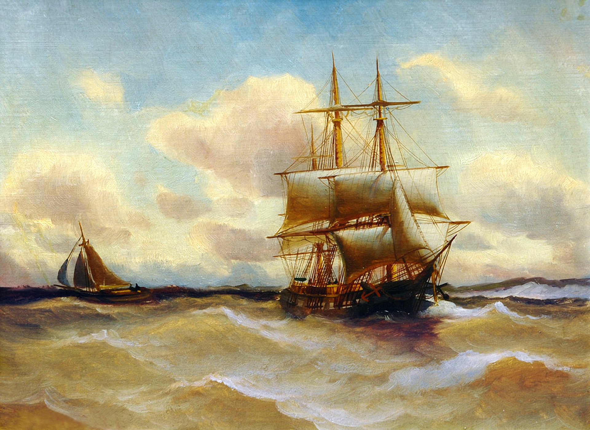 alfred jansen malerei landschaft meer himmel schiff segel boot wellen sturm