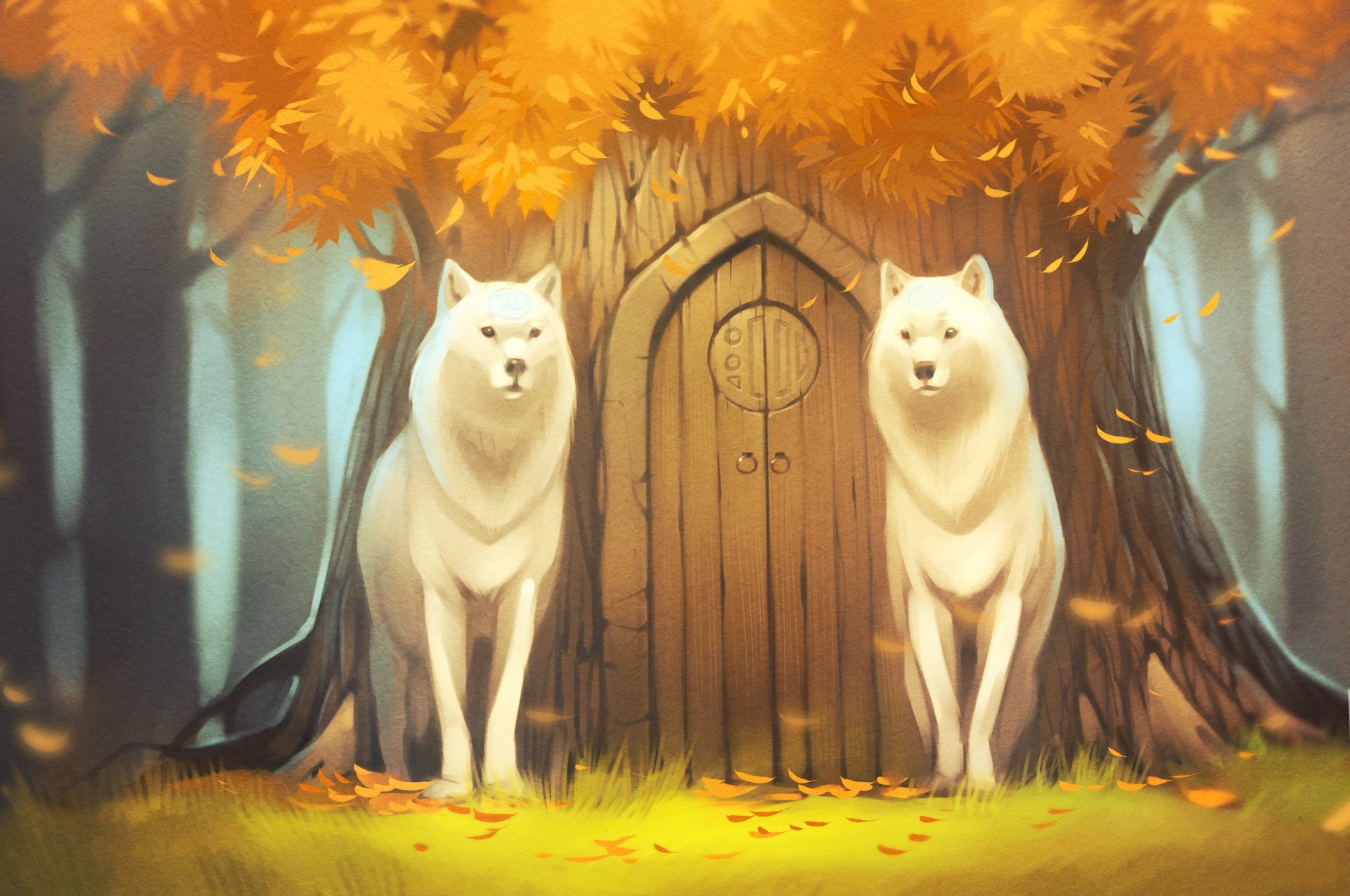 wolf forest white wolves tree tree art door