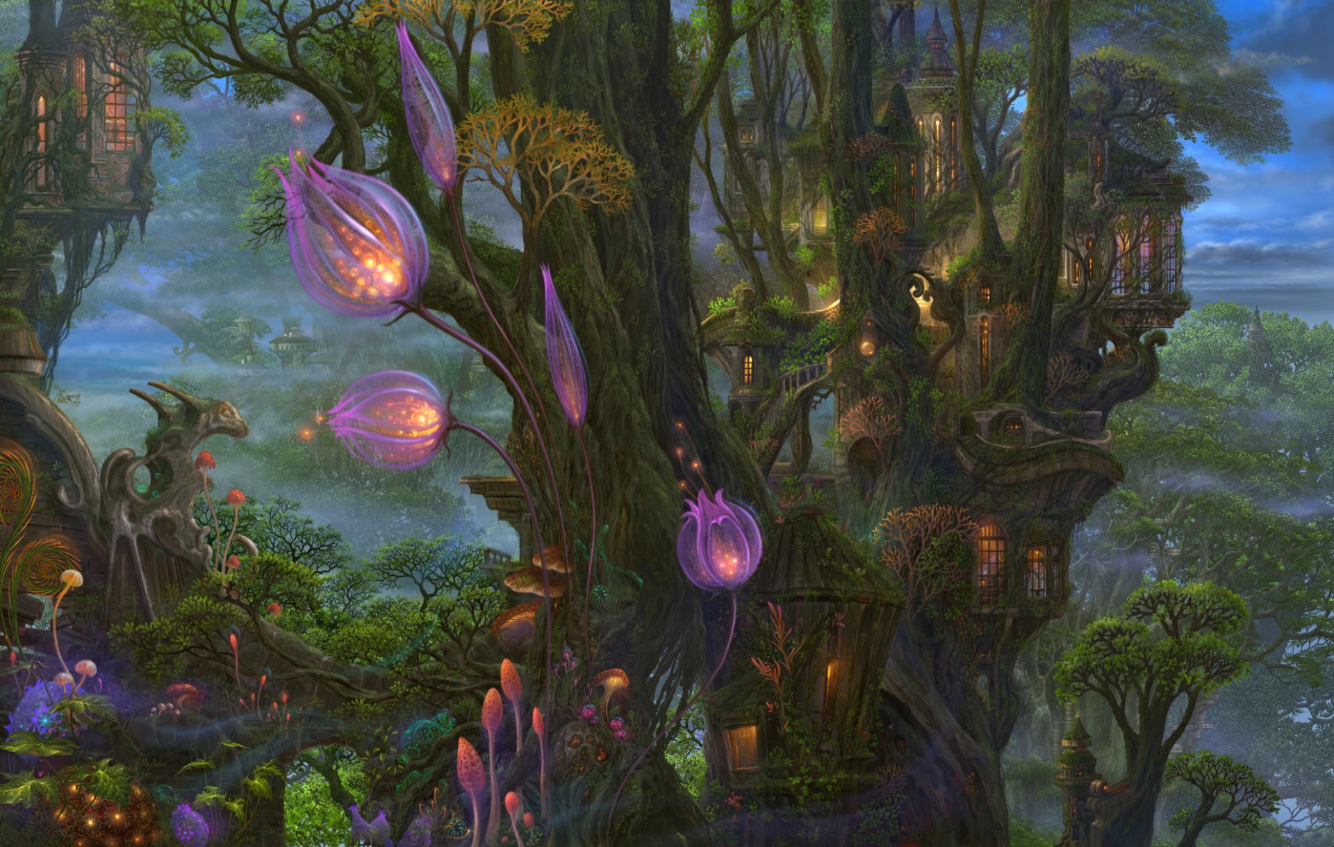 art forest flower tale tree sky fog houses light