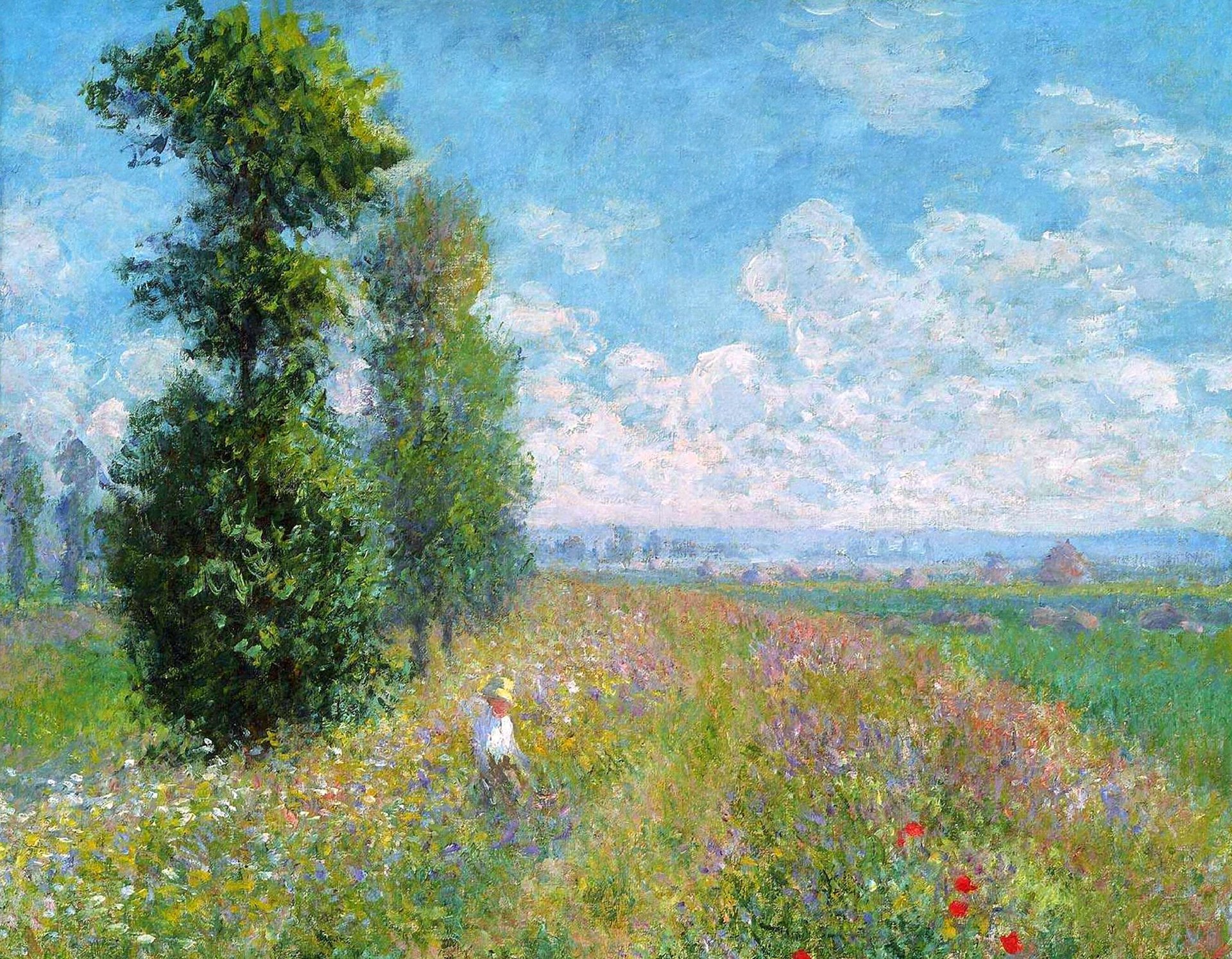 claude monet bild landschaft feld wiese blumen gras graben bäume himmel wolken