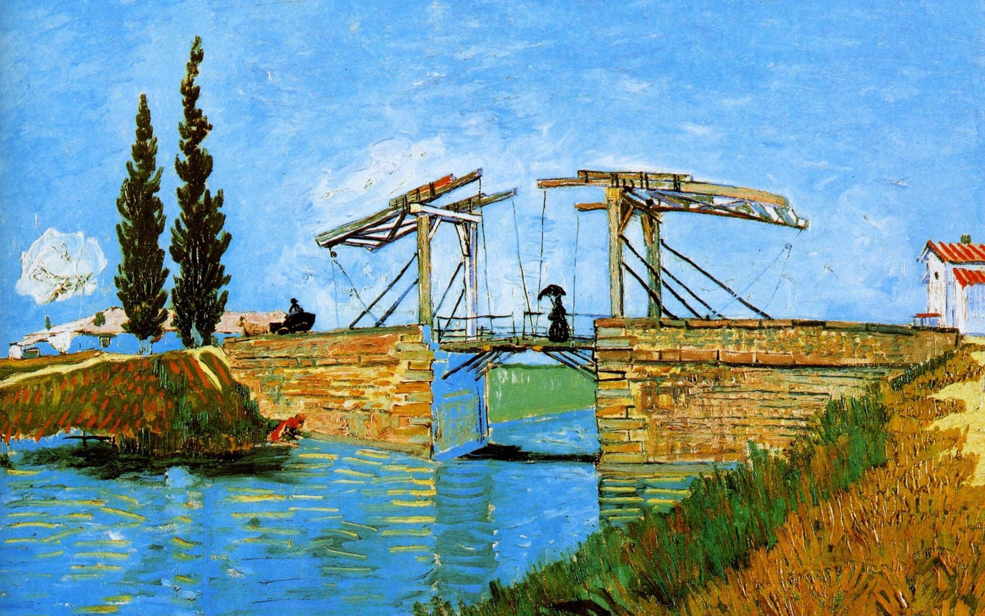 vincent van gogh langlois bridge at arles with women washing pattern sky bridge channel tree girl house