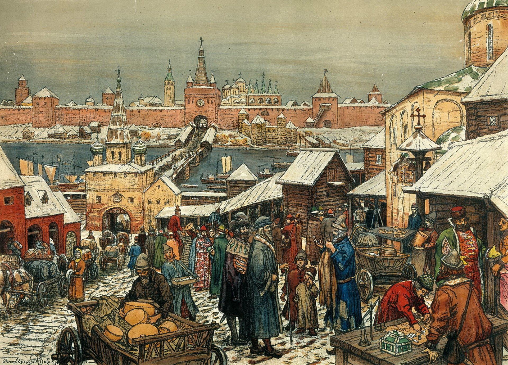 pintura vasnetsov apolinar novgordsk negociación pintura lienzo personas comerciantes comercio mercancía kremlin edificios carro tren puente río