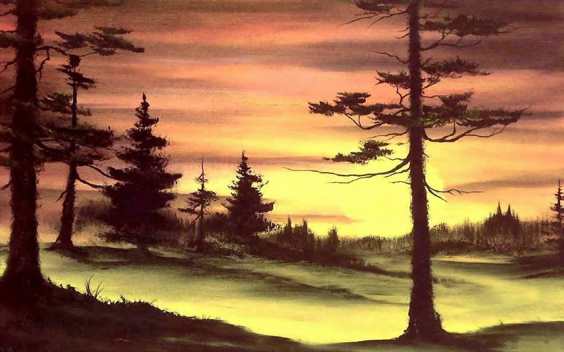 painting bob ross pattern nature sunset sun forest tree