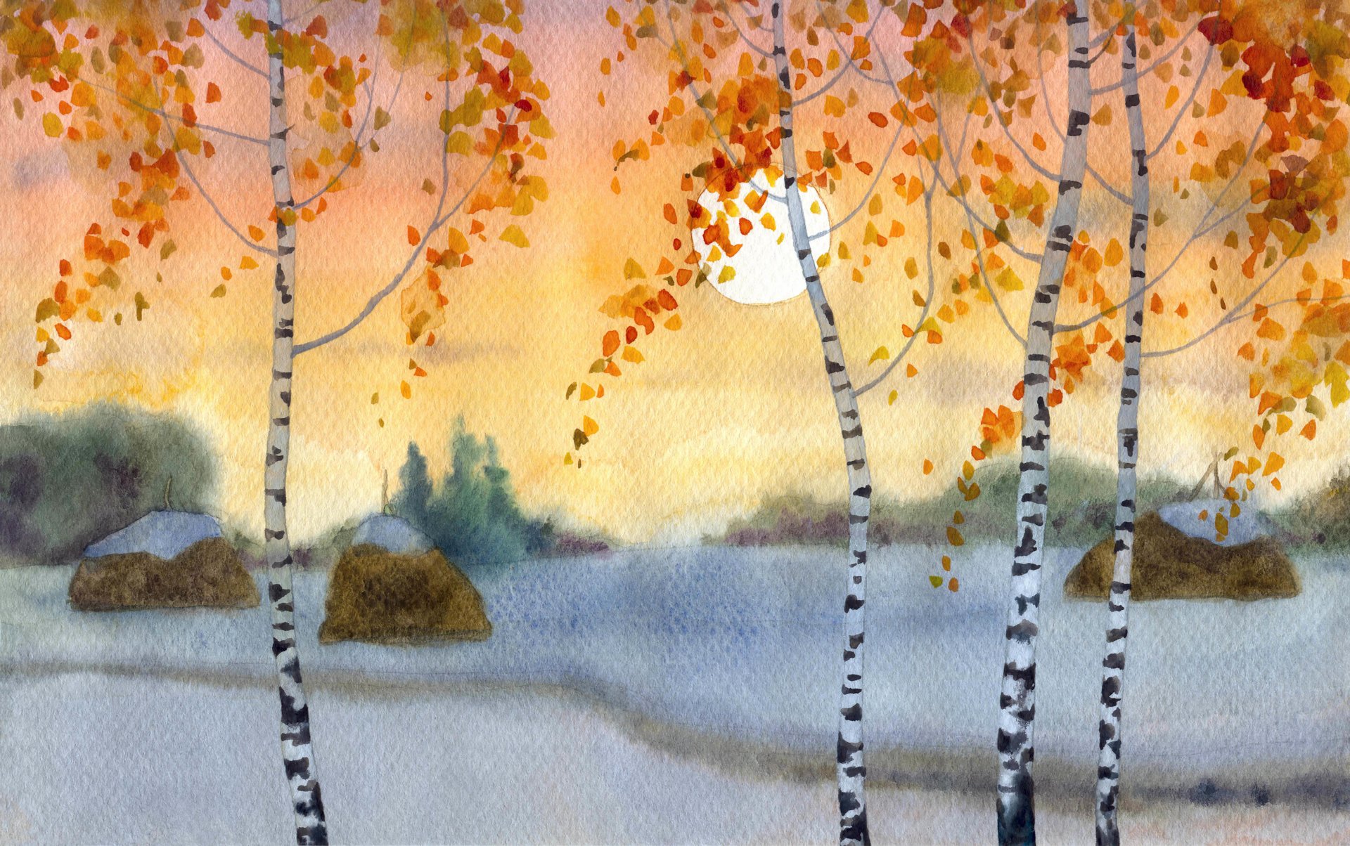 kunst malerei malerei jahreszeiten früh kommen winter vergilbt blätter verschneit feld sichtbar spur farben pinselstriche bleistifte aquarell