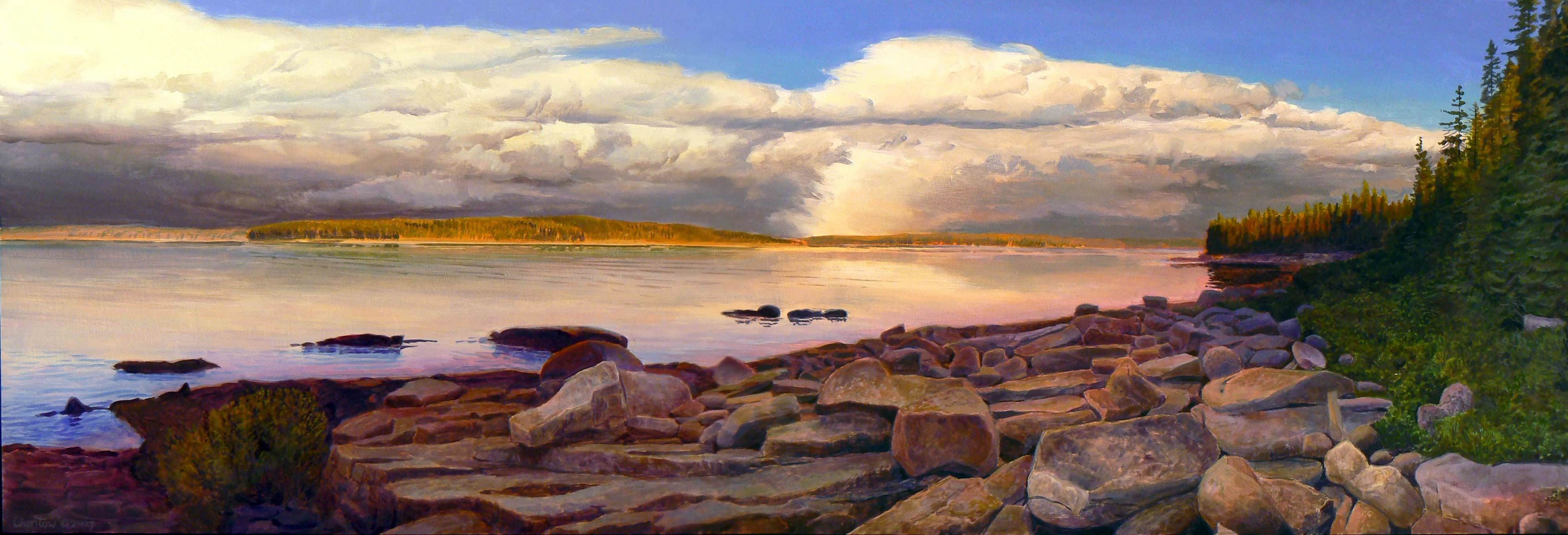 pintura lago paisaje nubes piedras