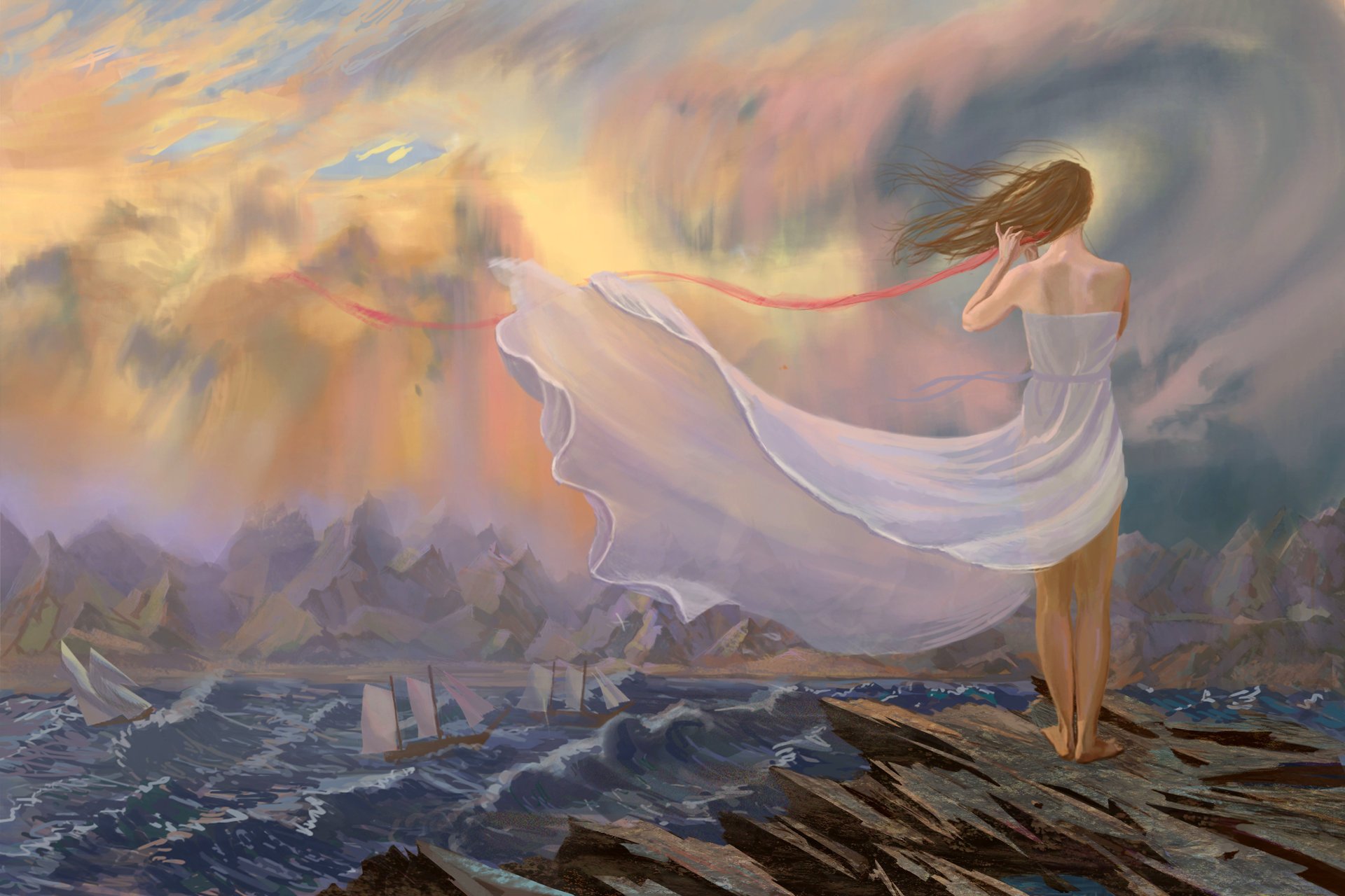 dziewczyna wstążka czekanie morze góry statki sukienka wiatr
