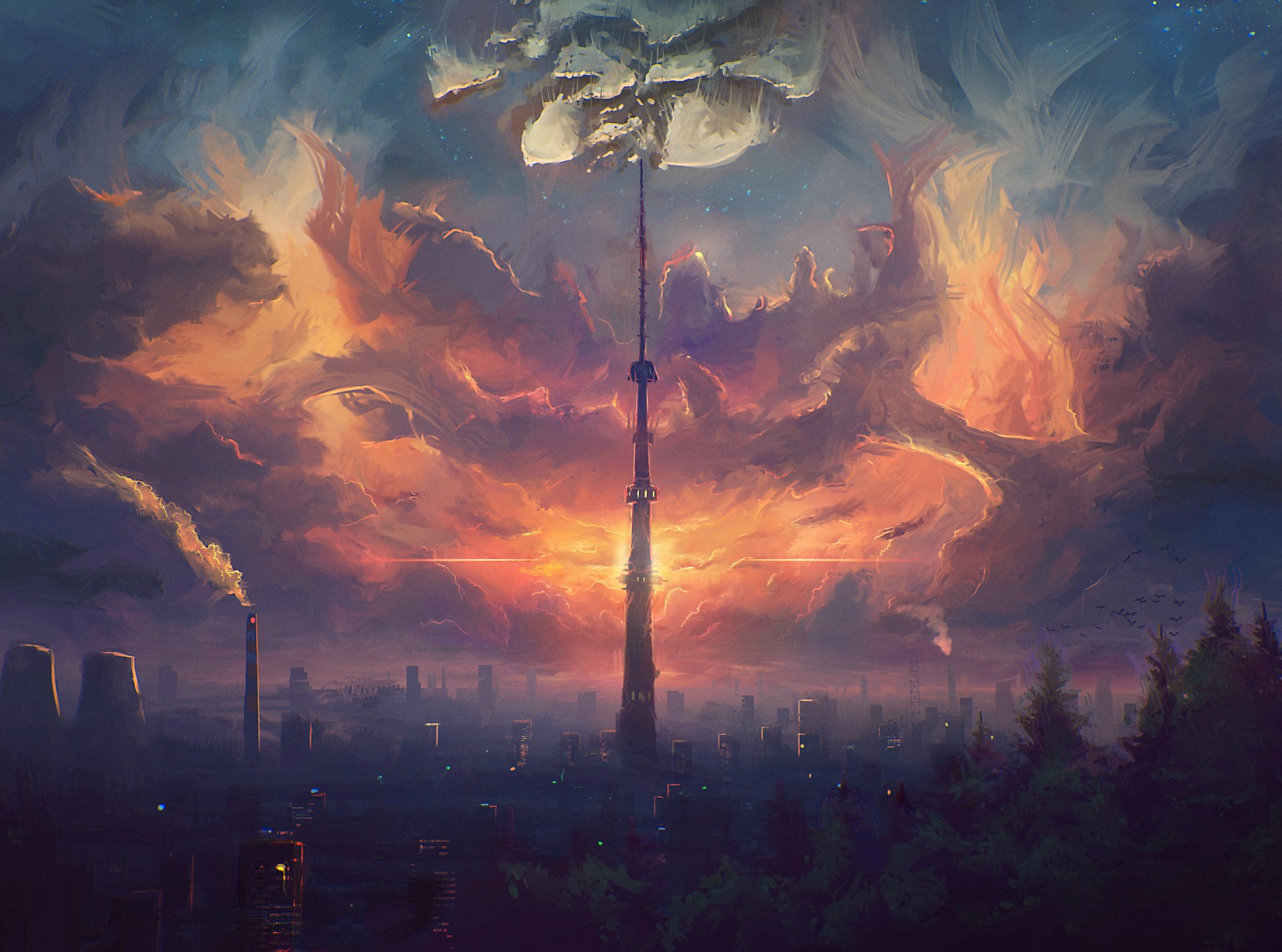 town tower house art sky cloud