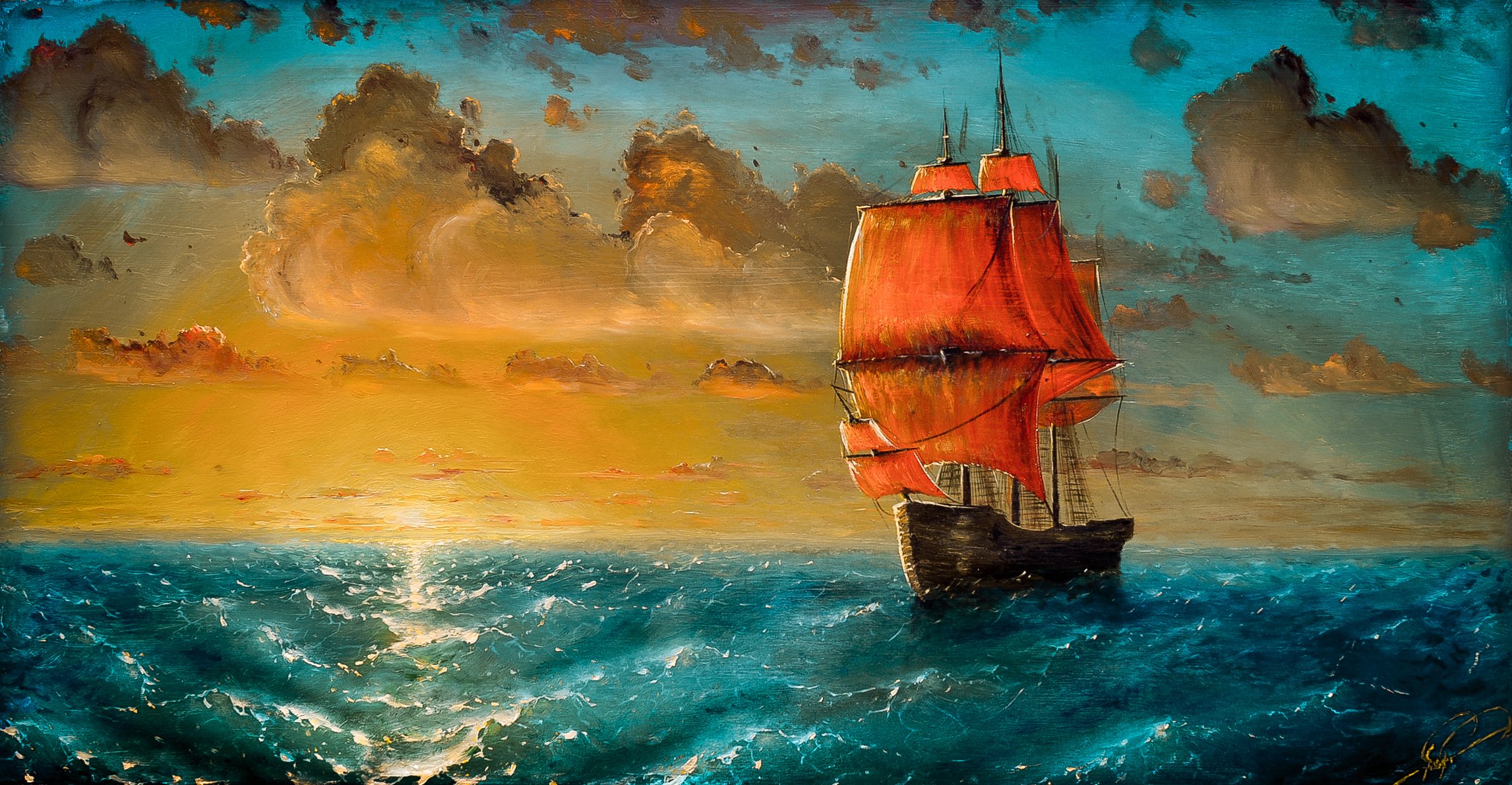 art ship sailboats sea sunset waves cloud