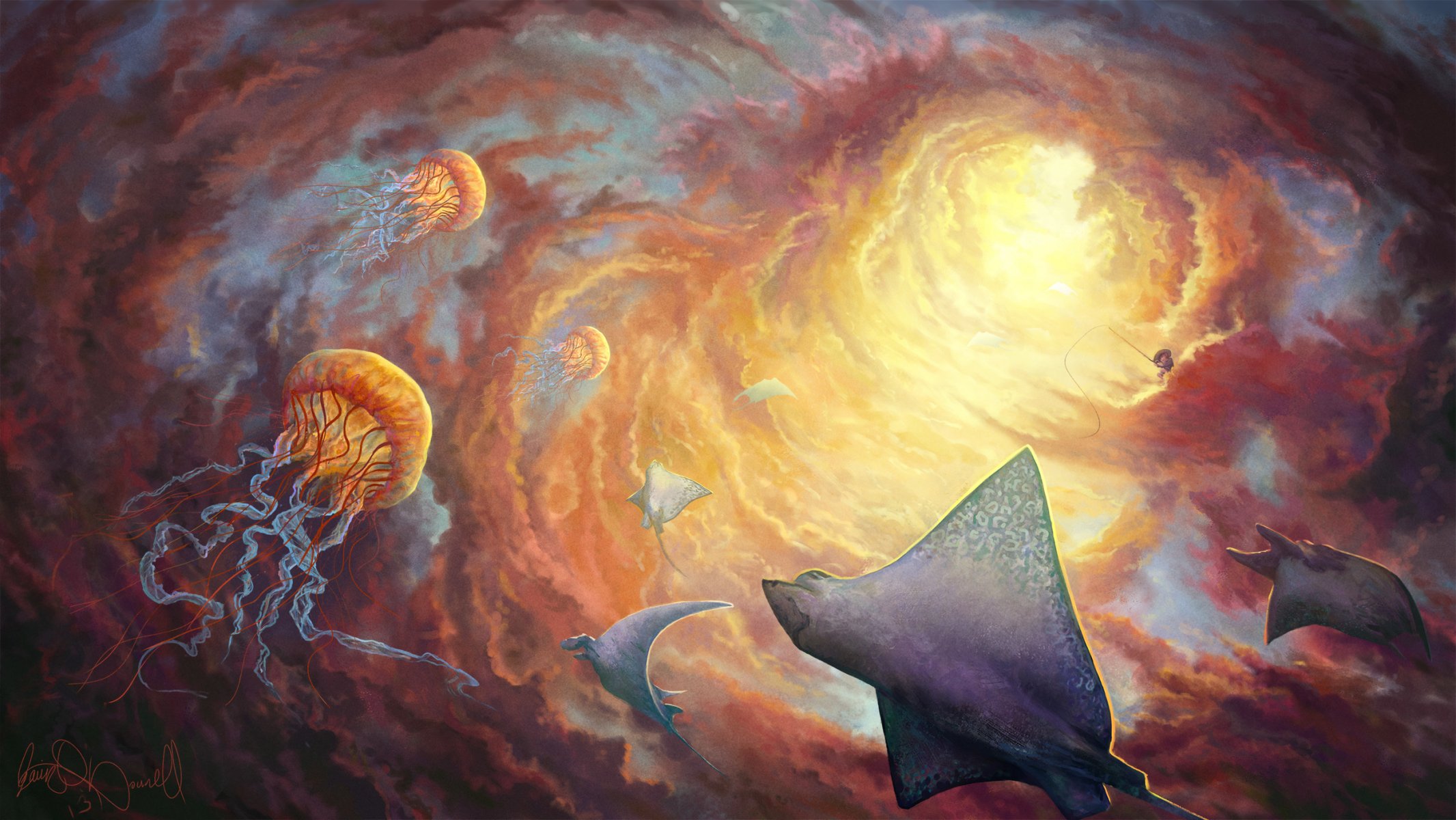 art fantasy rays jellyfish sky clouds a funnel light