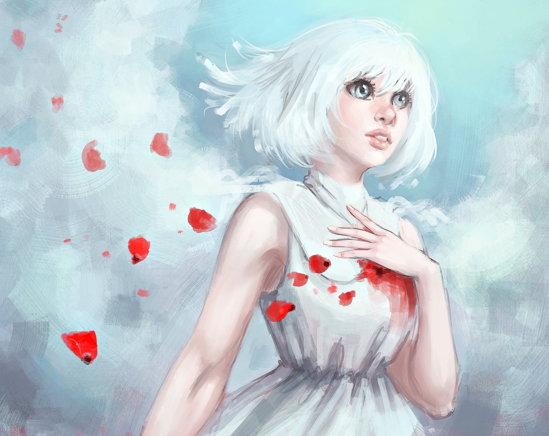 girl petals dress art white hair view