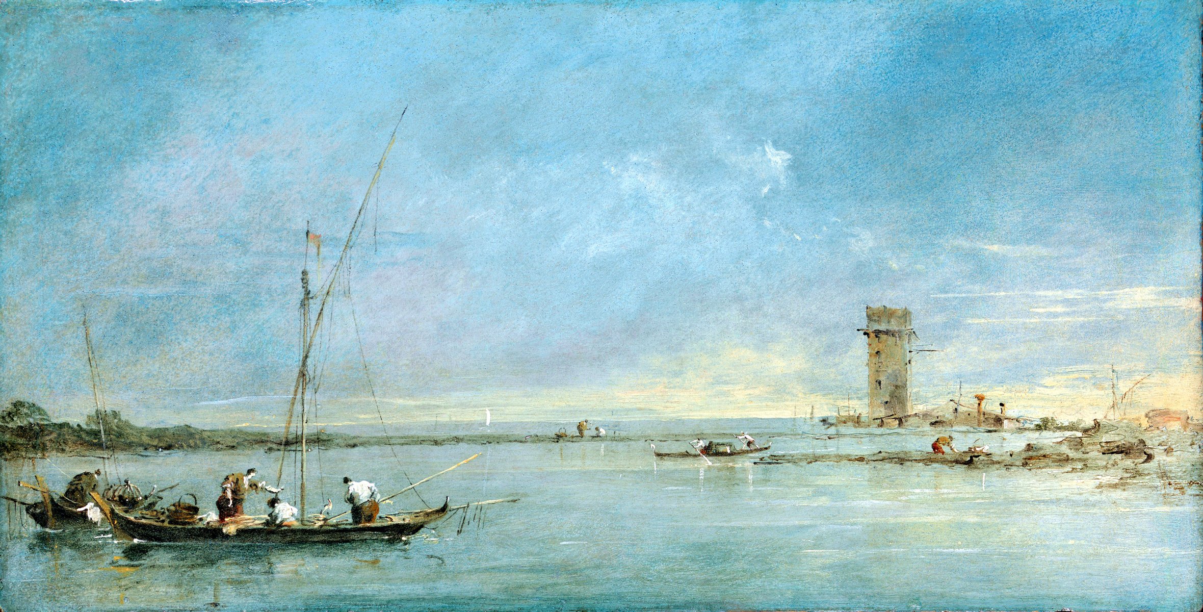 francesco guardi view of the venice lagoon with tower malgera pattern landscape sky sea boat people