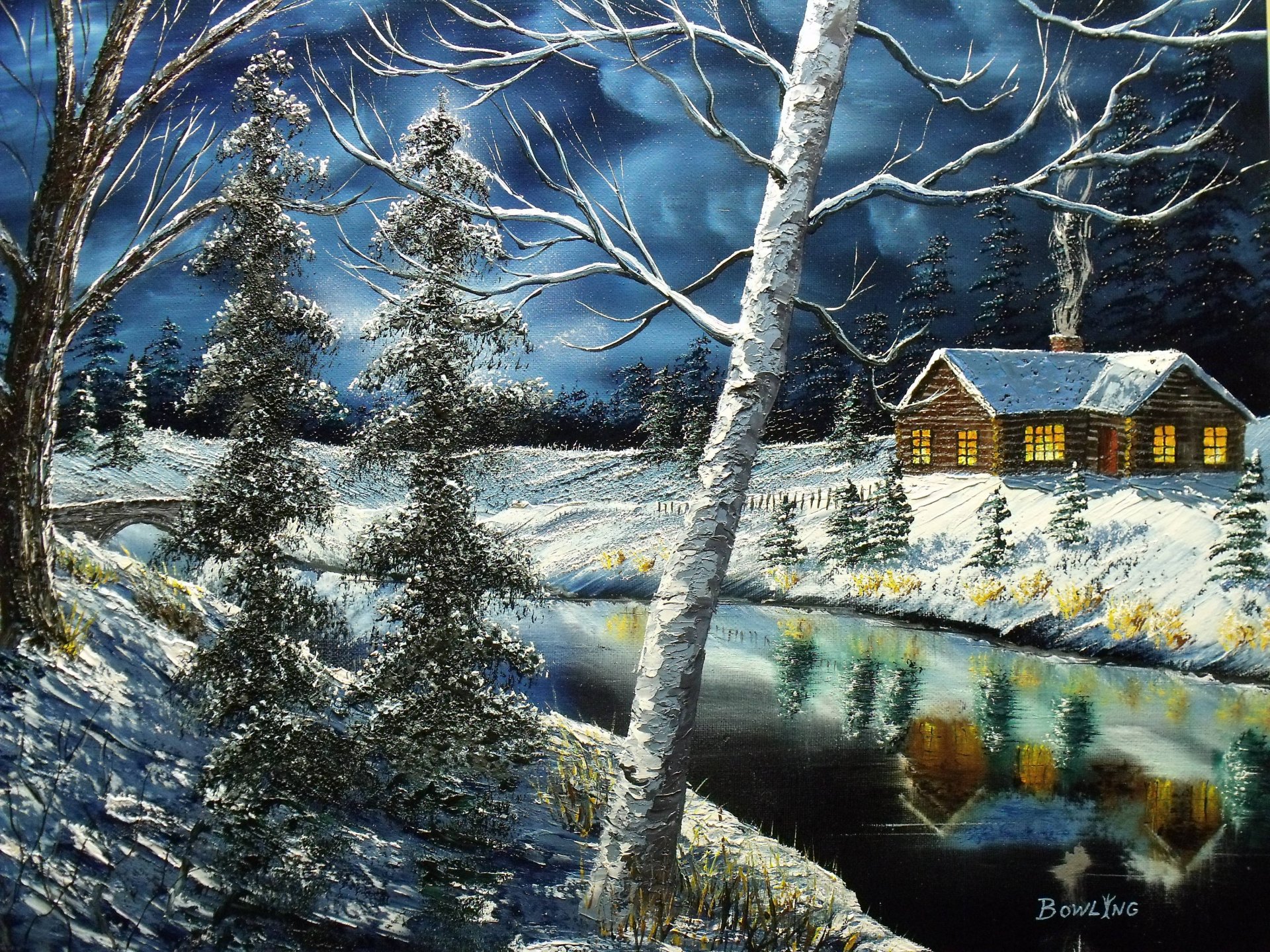 peinture maison fenêtre hiver arbres rivière réflexion ciel toile