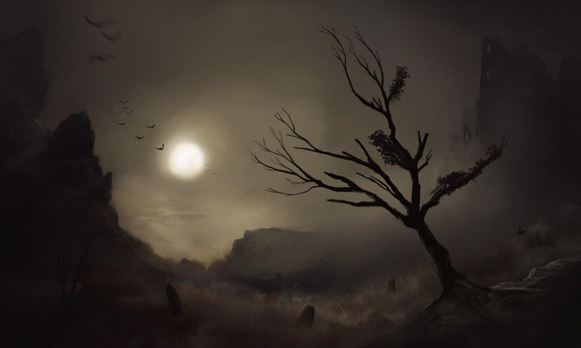 art painted landscape night moon tree bird