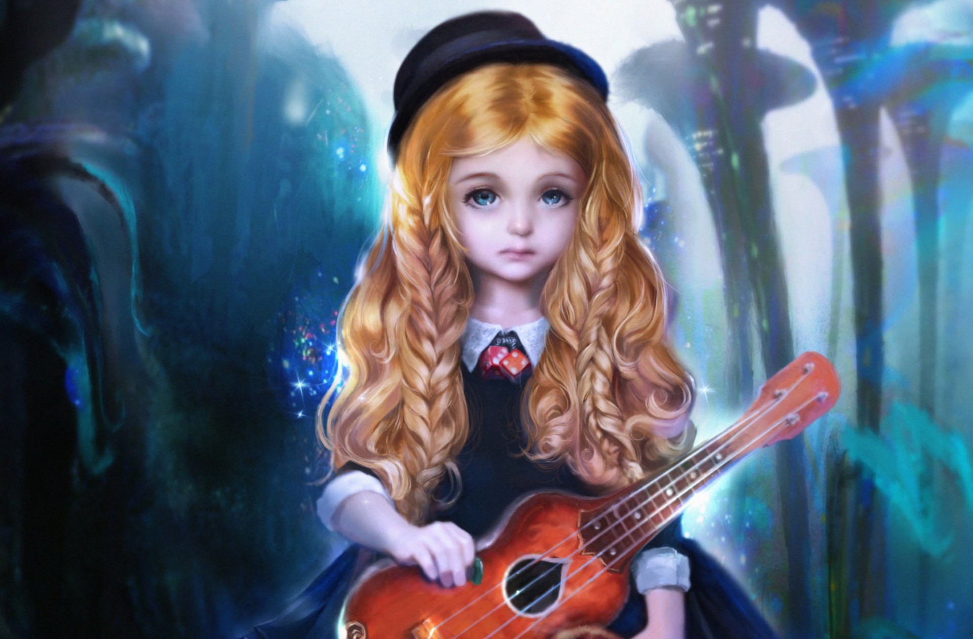 art fille guitare chapeau tresses