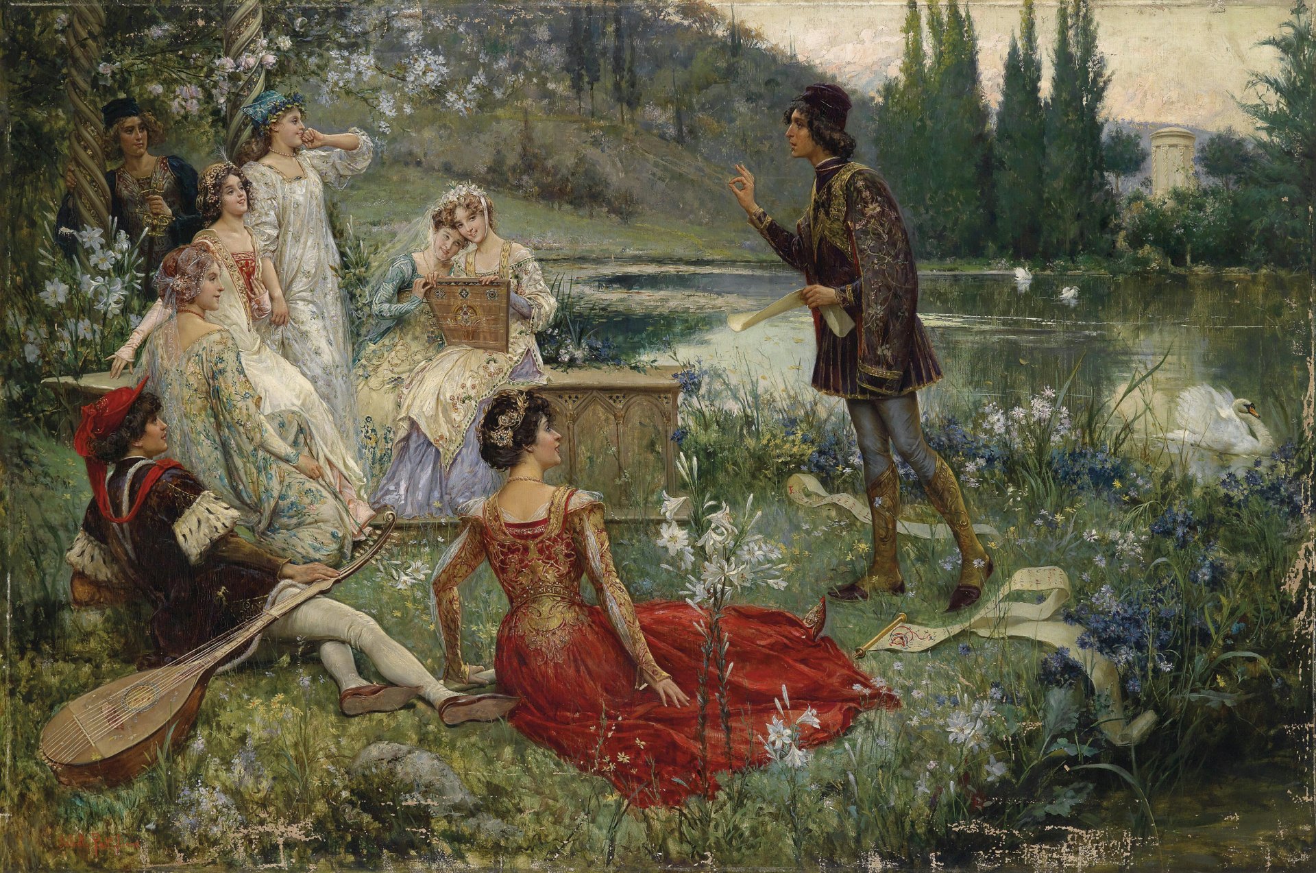 paesaggio fiume fiumi foresta fiori signore signori poeta scroll menestrello liuto cigno arte pic-nic società preferita riva cavalieri scroll pittura arte