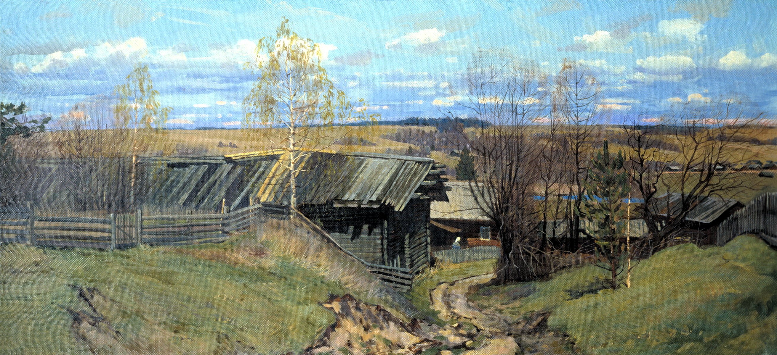 painting anokhin leaving russia pattern landscape chalet tree hills road sky cloud