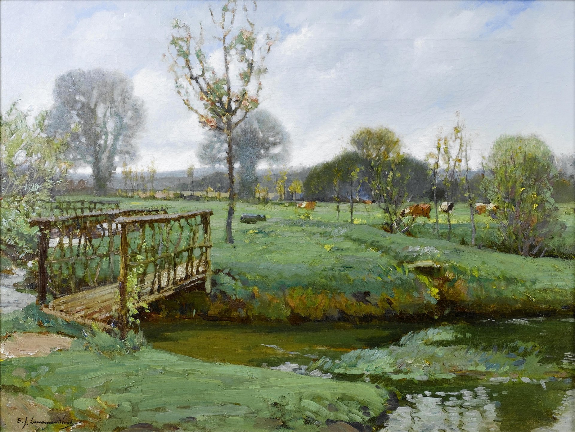 samuel birch landschaft mit kühen auf der wiese bild landschaft himmel wolken wiese gras kühe fluss bach brücke