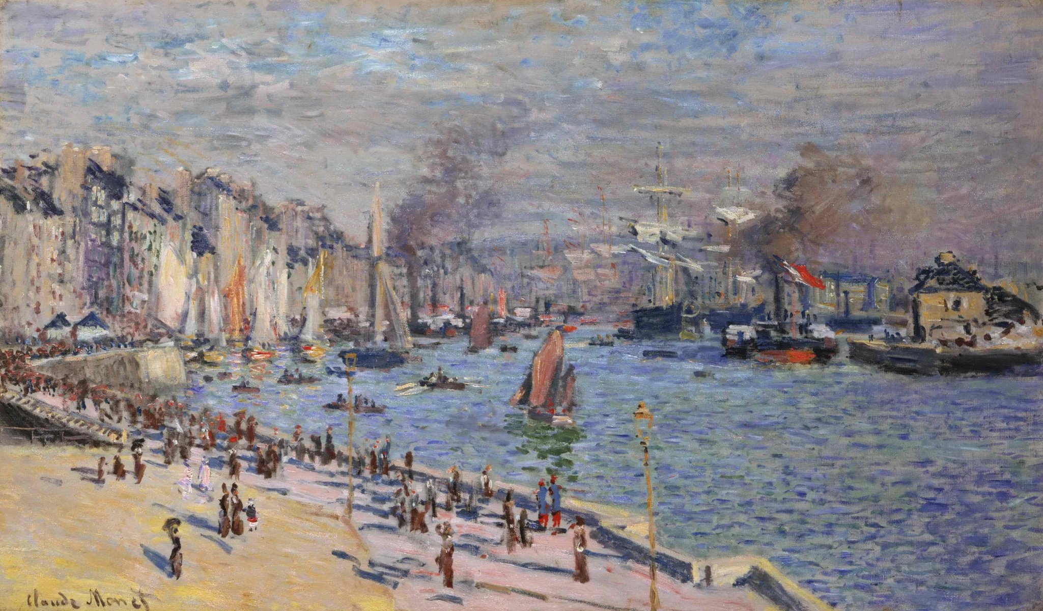 claude monet peinture paysage rivière ville bateau voile rive remblai gens promenade motion bateau à vapeur fumée navire voilier maisons ciel