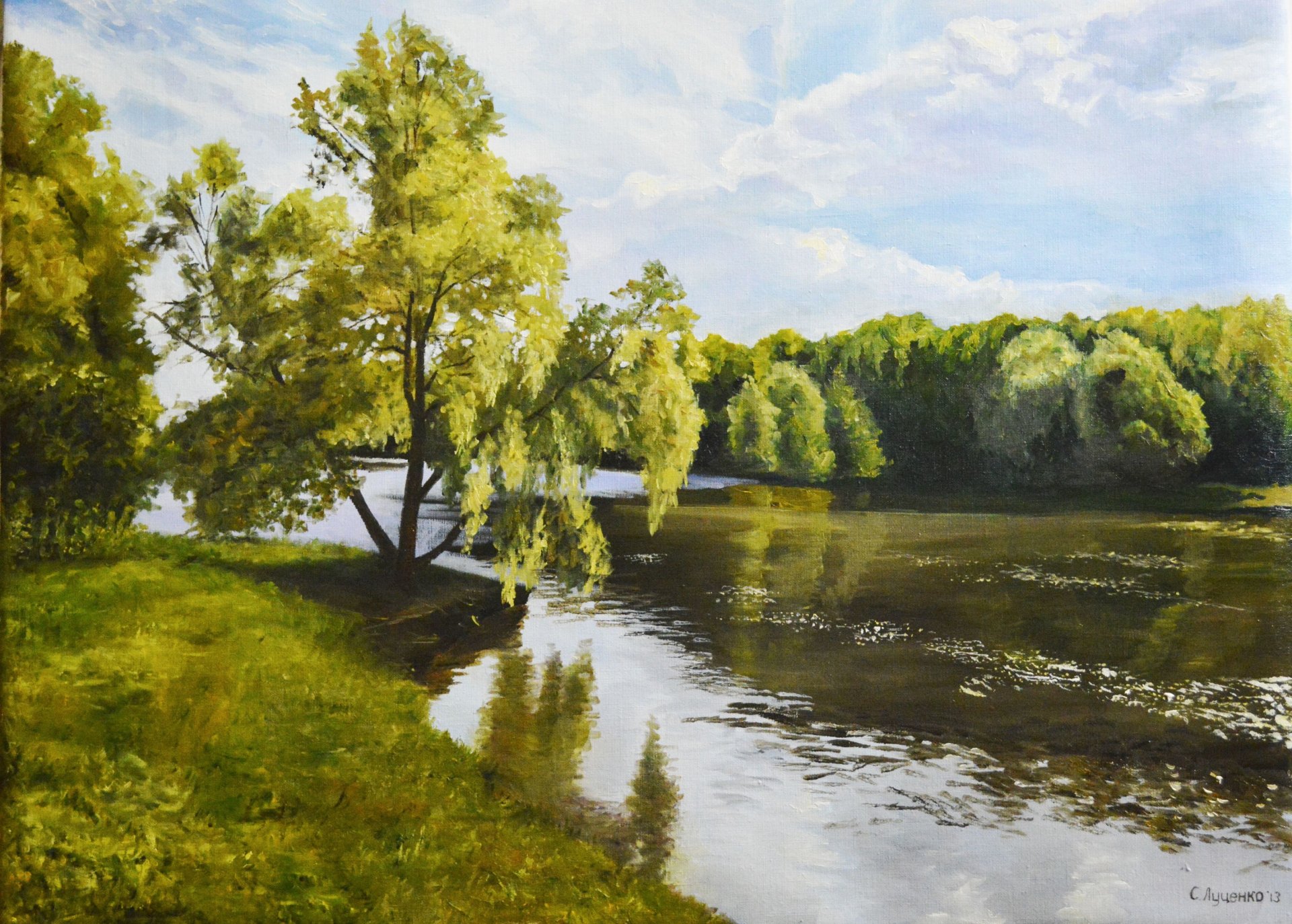 pittura sergey lutsenko ros pittura paesaggio fiume riva alberi cielo nuvole